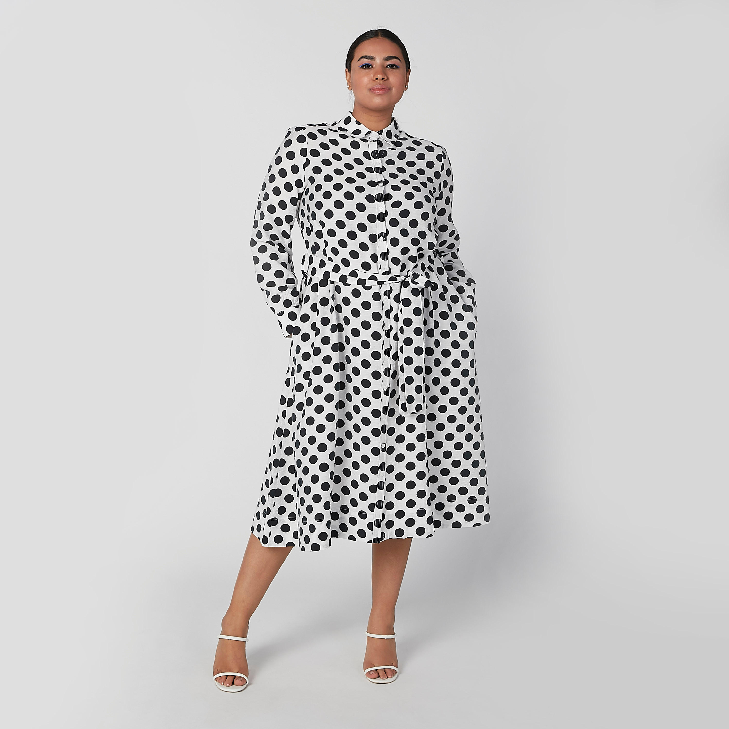فستان قميص بأكمام طويلة وأربطة وطبعات منقّطة-women-clothing-dresses-image-2