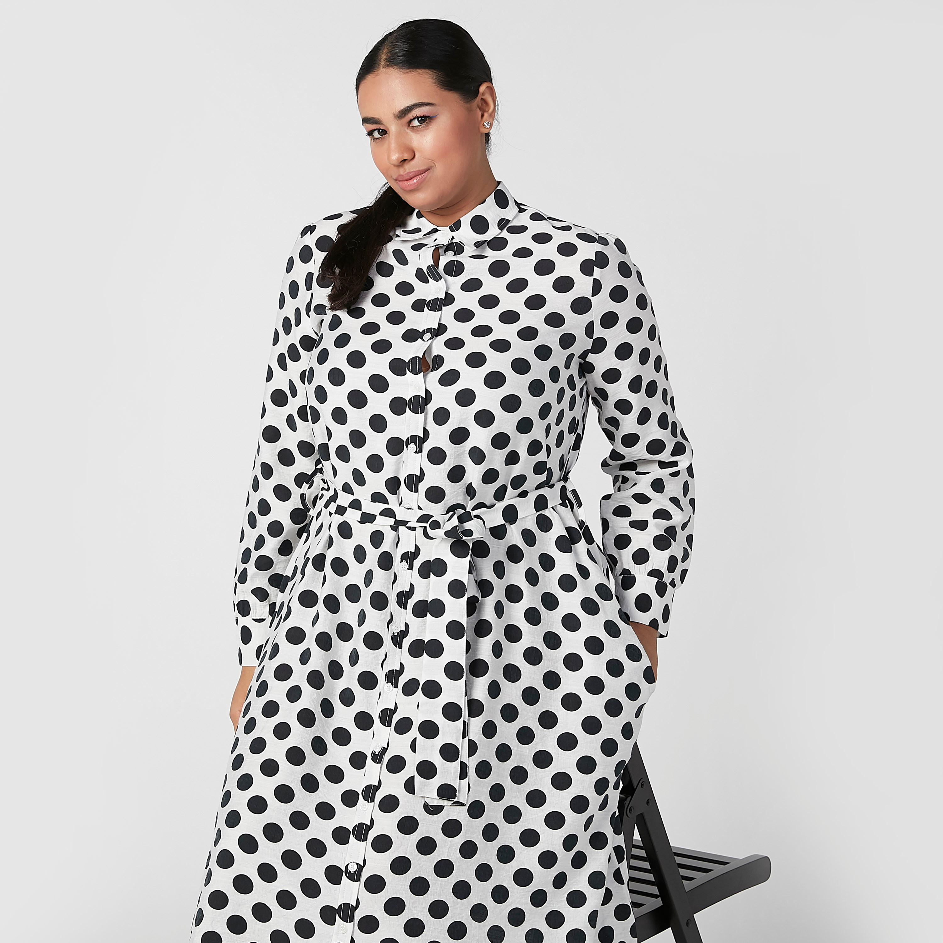 فستان قميص بأكمام طويلة وأربطة وطبعات منقّطة-women-clothing-dresses-image-4
