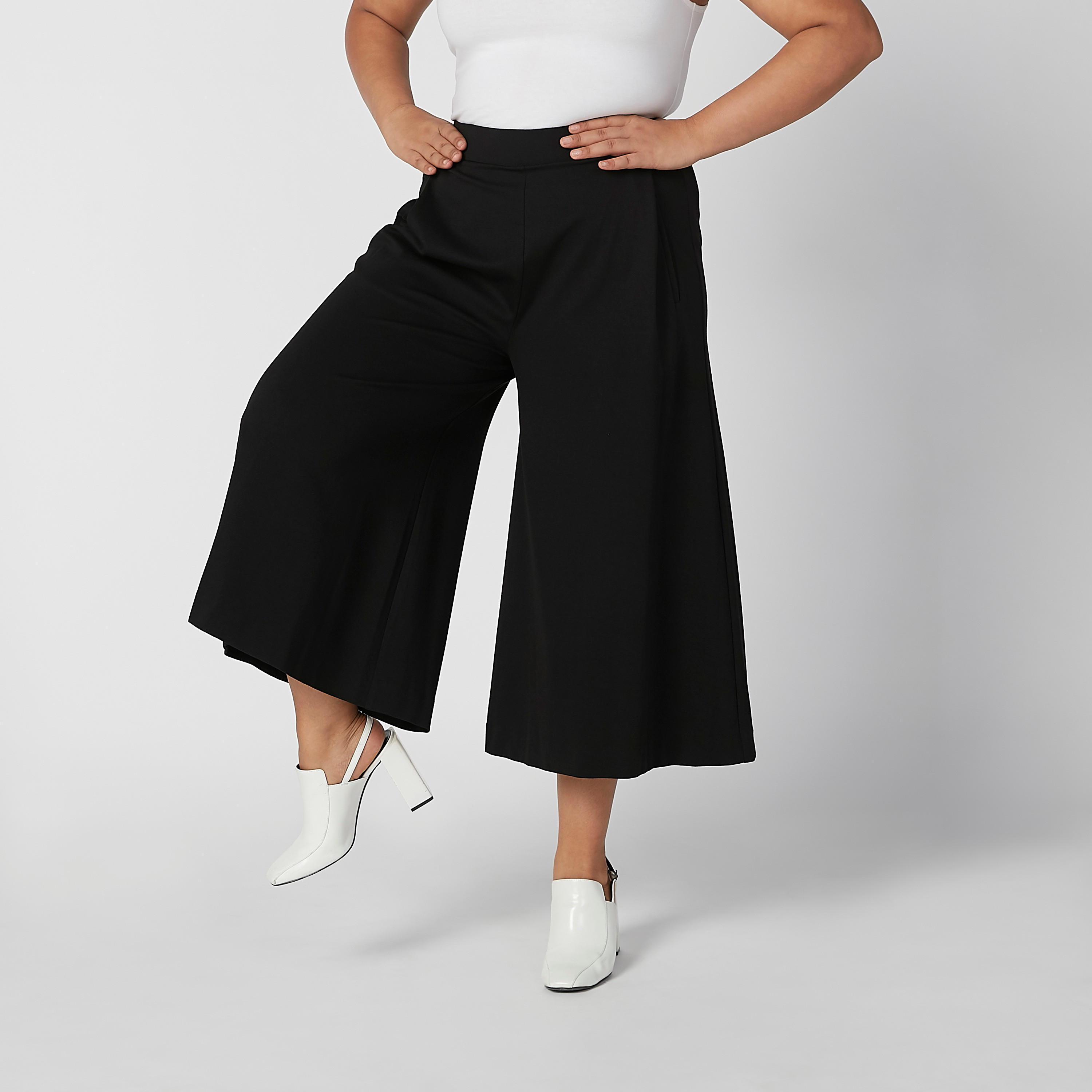 Wide Fit Plain Flexi Waist Culottes with Elasticised Waistband-women-clothing-bottoms-trousers-image-1