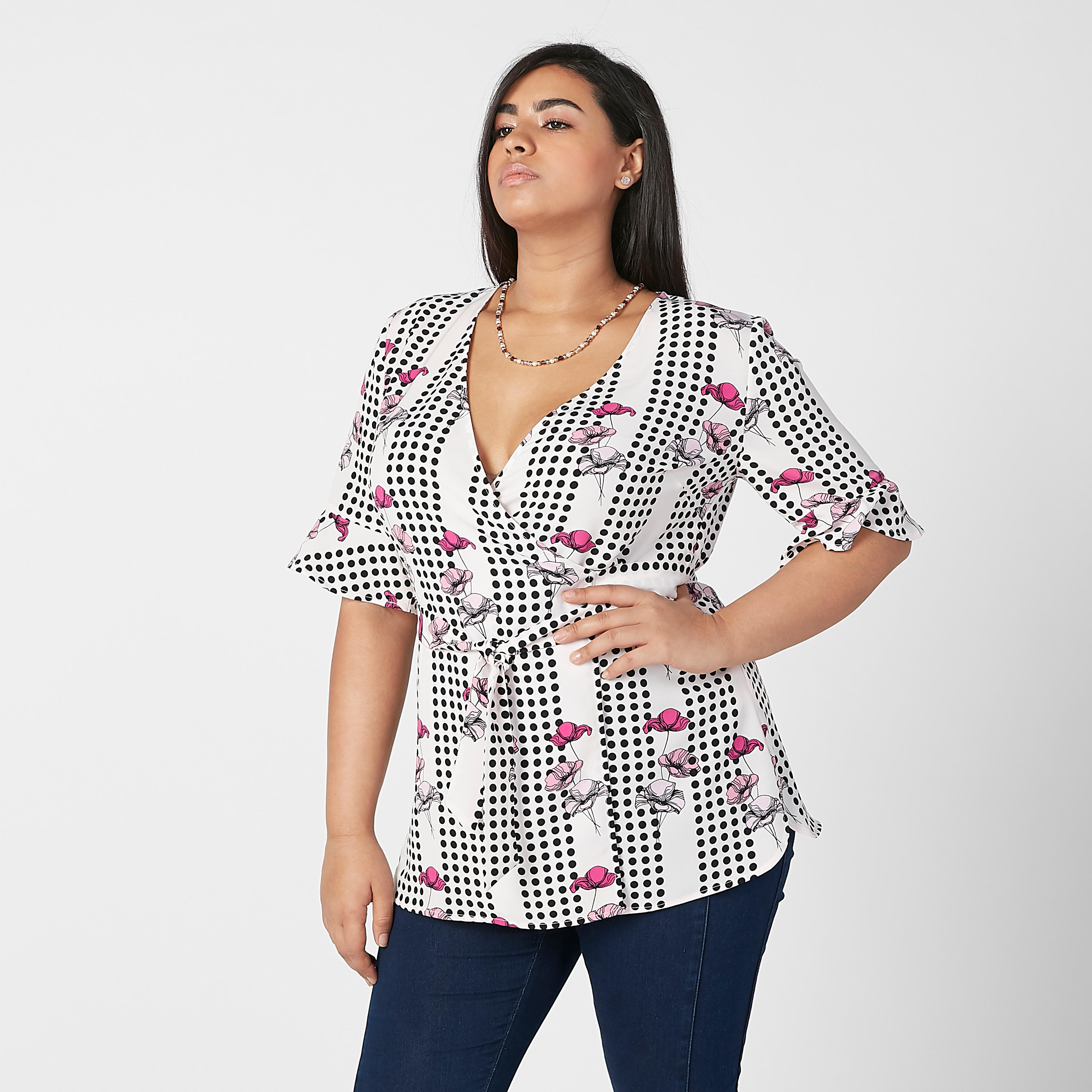 بلوزة ملفوفة بياقة V وأكمام واسعة وطبعات-women-clothing-shirtsandblouses-blouses-image-2