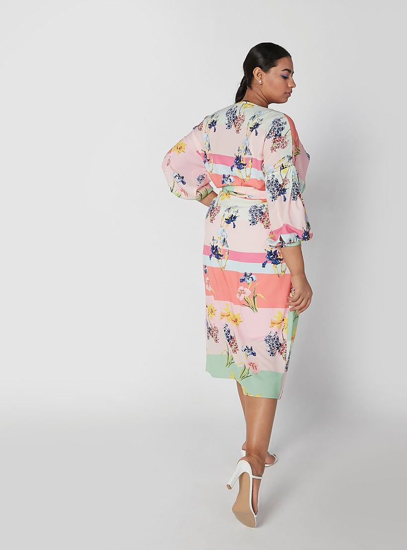 فستان ميدي ملفوف بطبعات أزهار وأكمام 3/4 ورباط-women-clothing-dresses-image-5