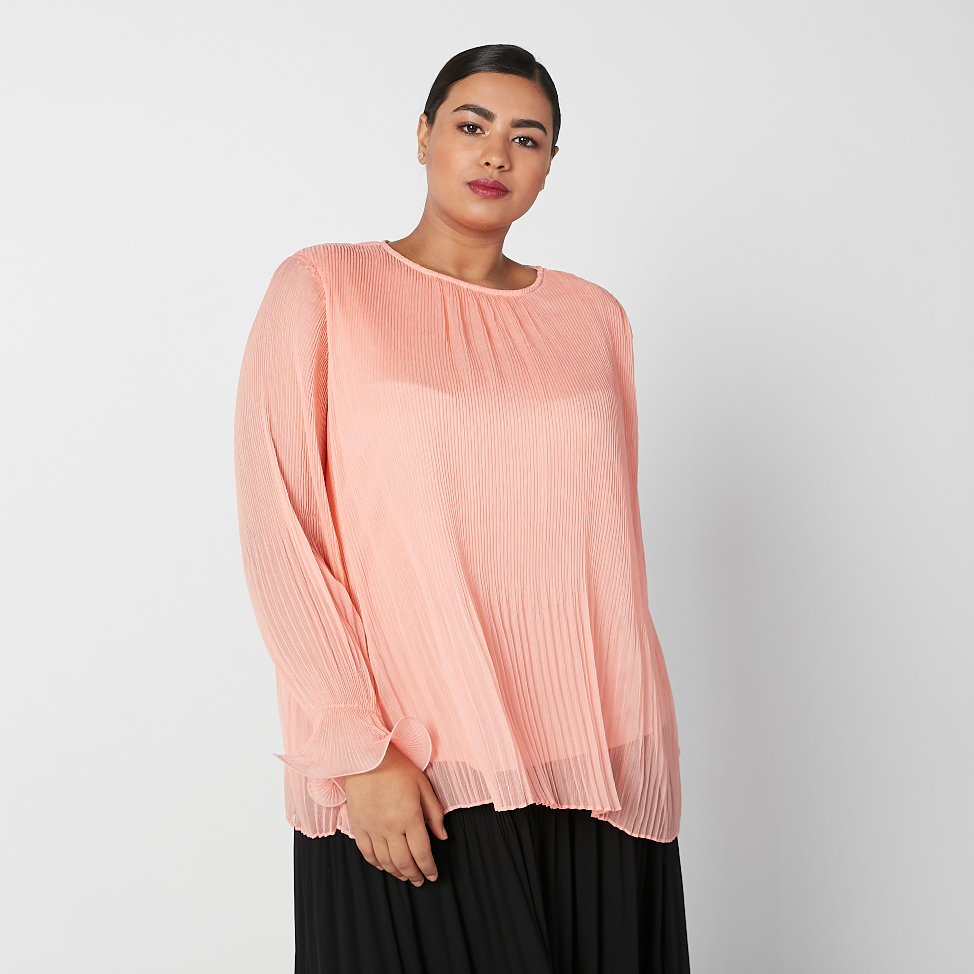 Pleated Top with Round Neck and Flounce Sleeves-women-clothing-shirtsandblouses-blouses-image-1