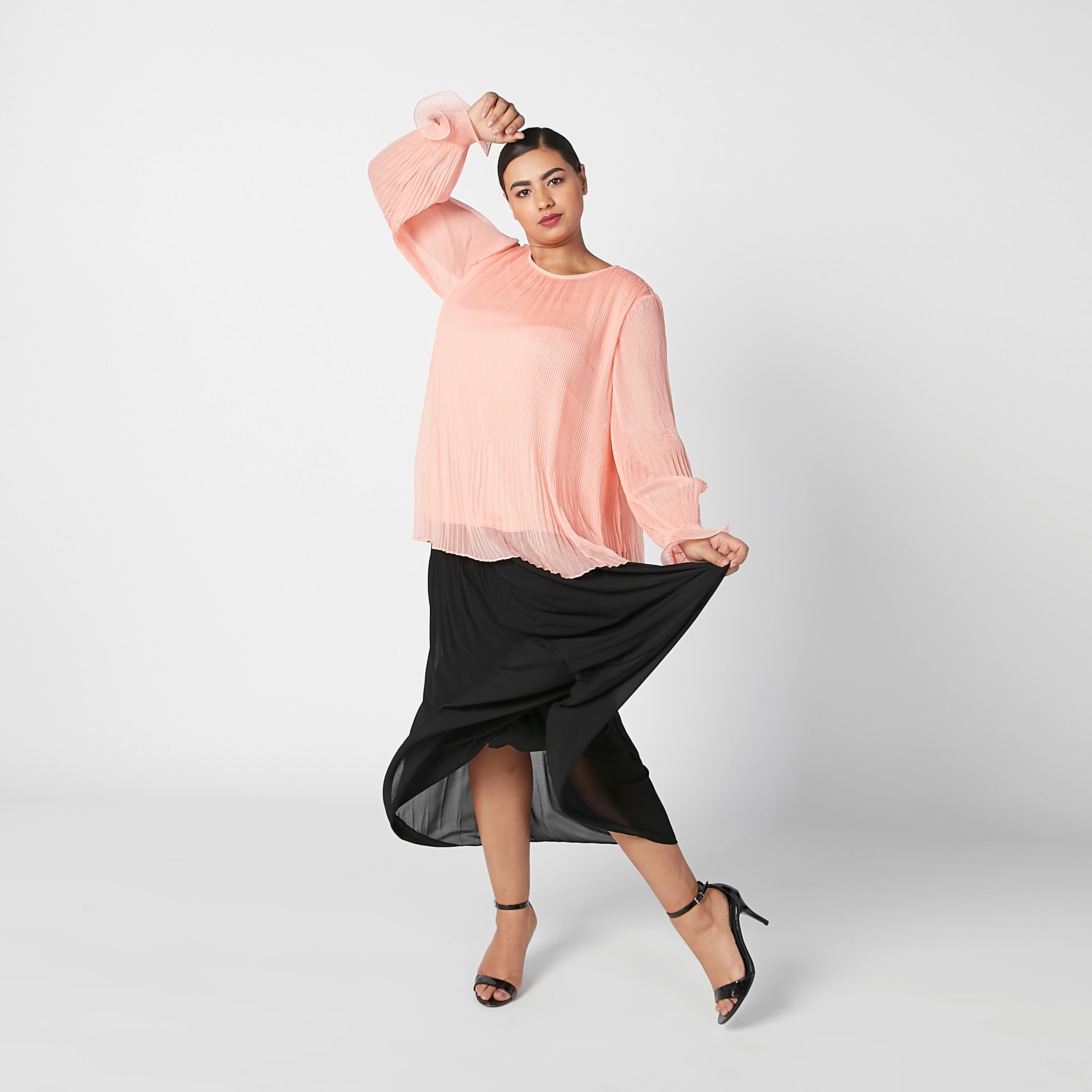 Pleated Top with Round Neck and Flounce Sleeves-women-clothing-shirtsandblouses-blouses-image-2