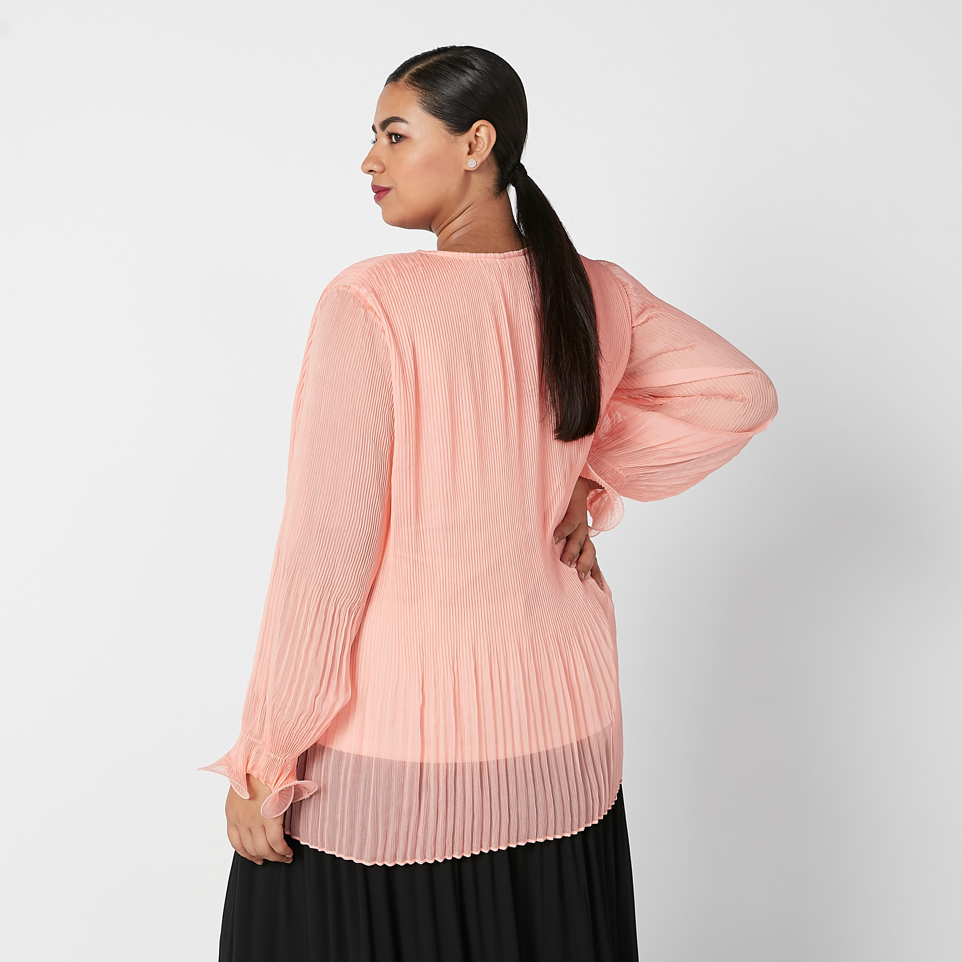 Pleated Top with Round Neck and Flounce Sleeves-women-clothing-shirtsandblouses-blouses-image-3