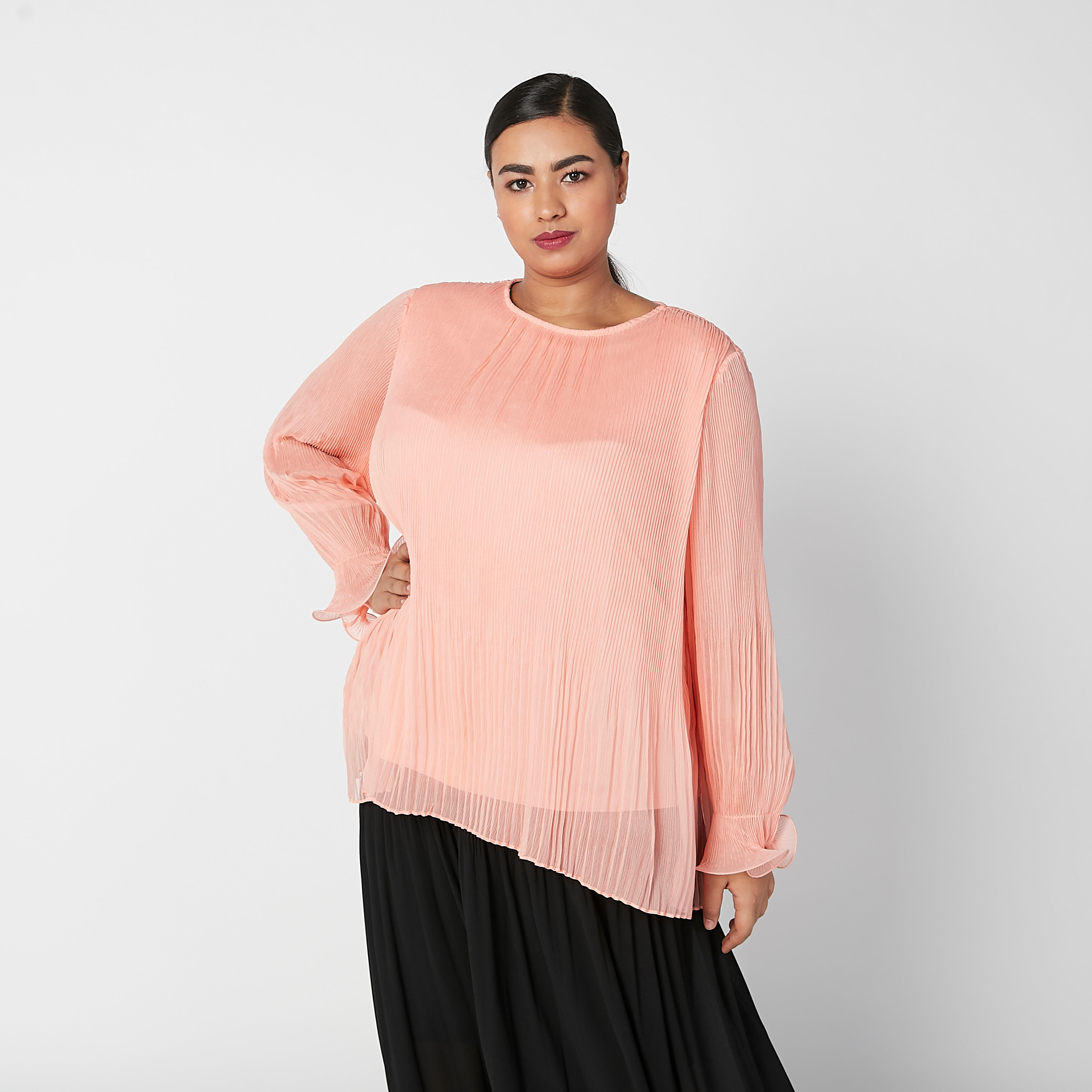Pleated Top with Round Neck and Flounce Sleeves-women-clothing-shirtsandblouses-blouses-image-5