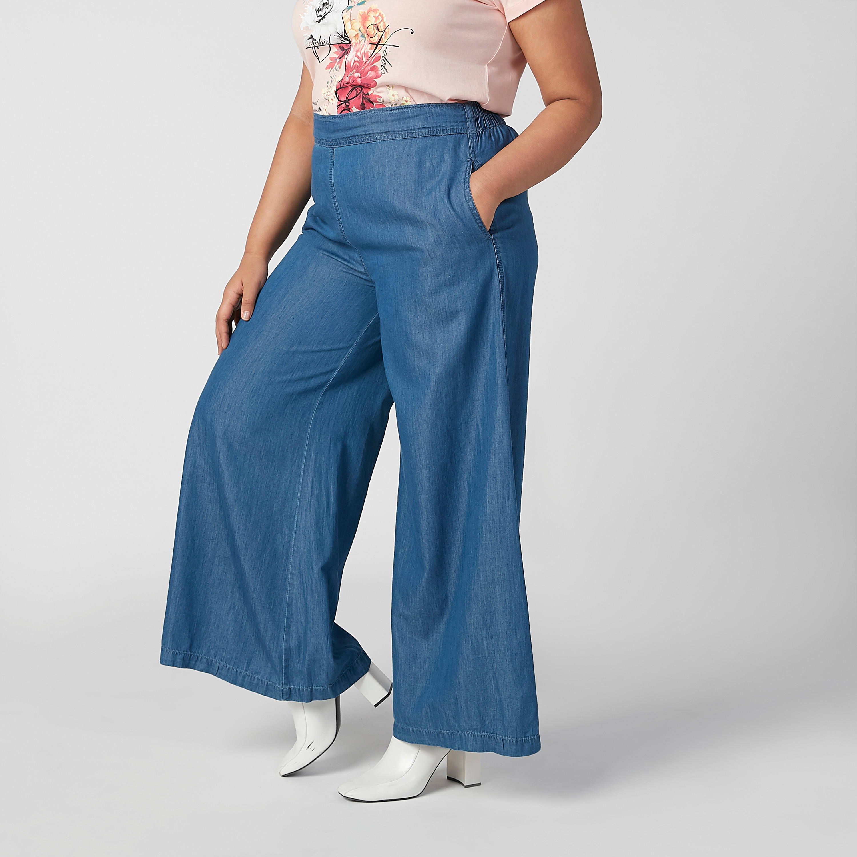 بنطلون بالازو مستدام دينم سادة بقصّة واسعة وخصر مرن -women-clothing-bottoms-trousers-image-1