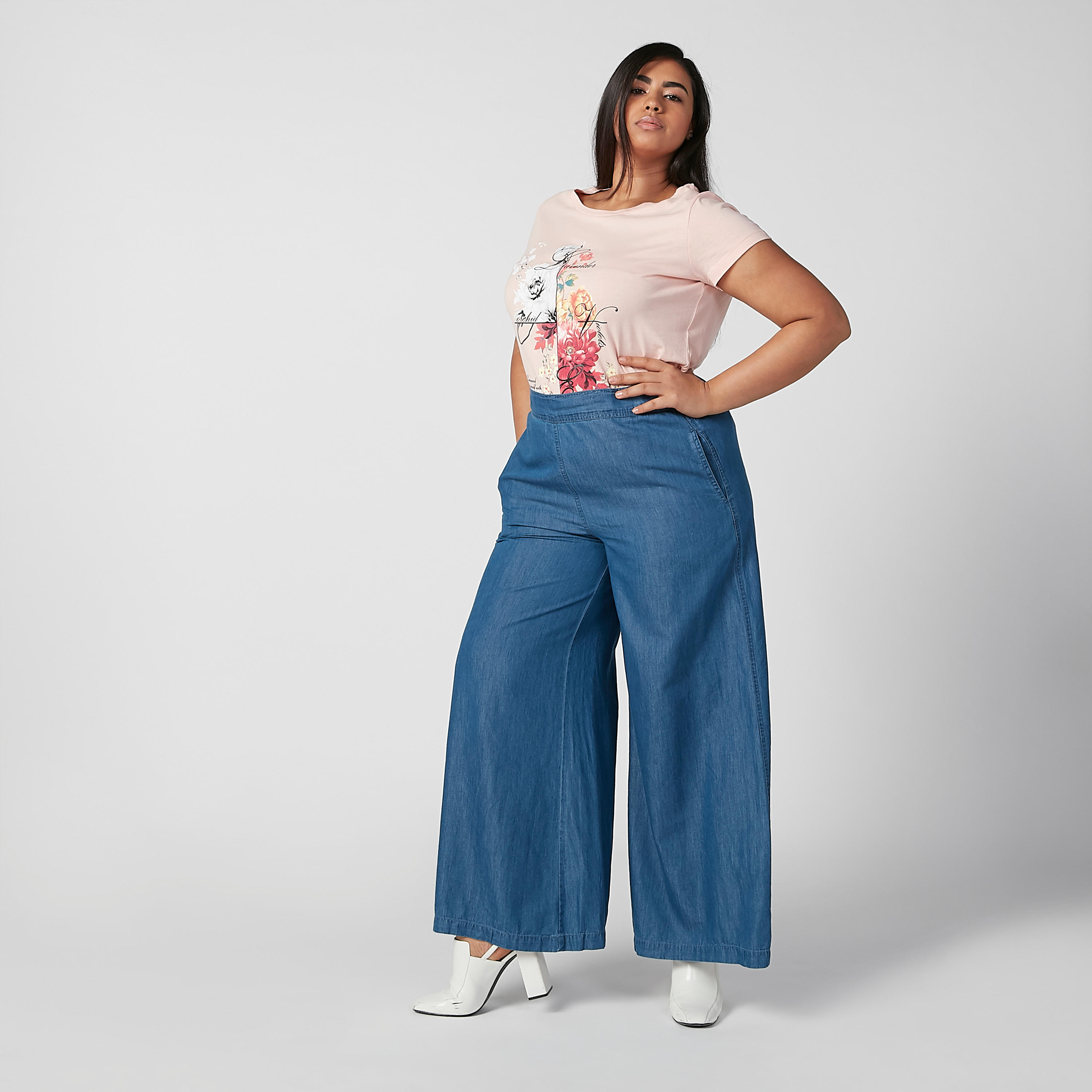 بنطلون بالازو مستدام دينم سادة بقصّة واسعة وخصر مرن -women-clothing-bottoms-trousers-image-2