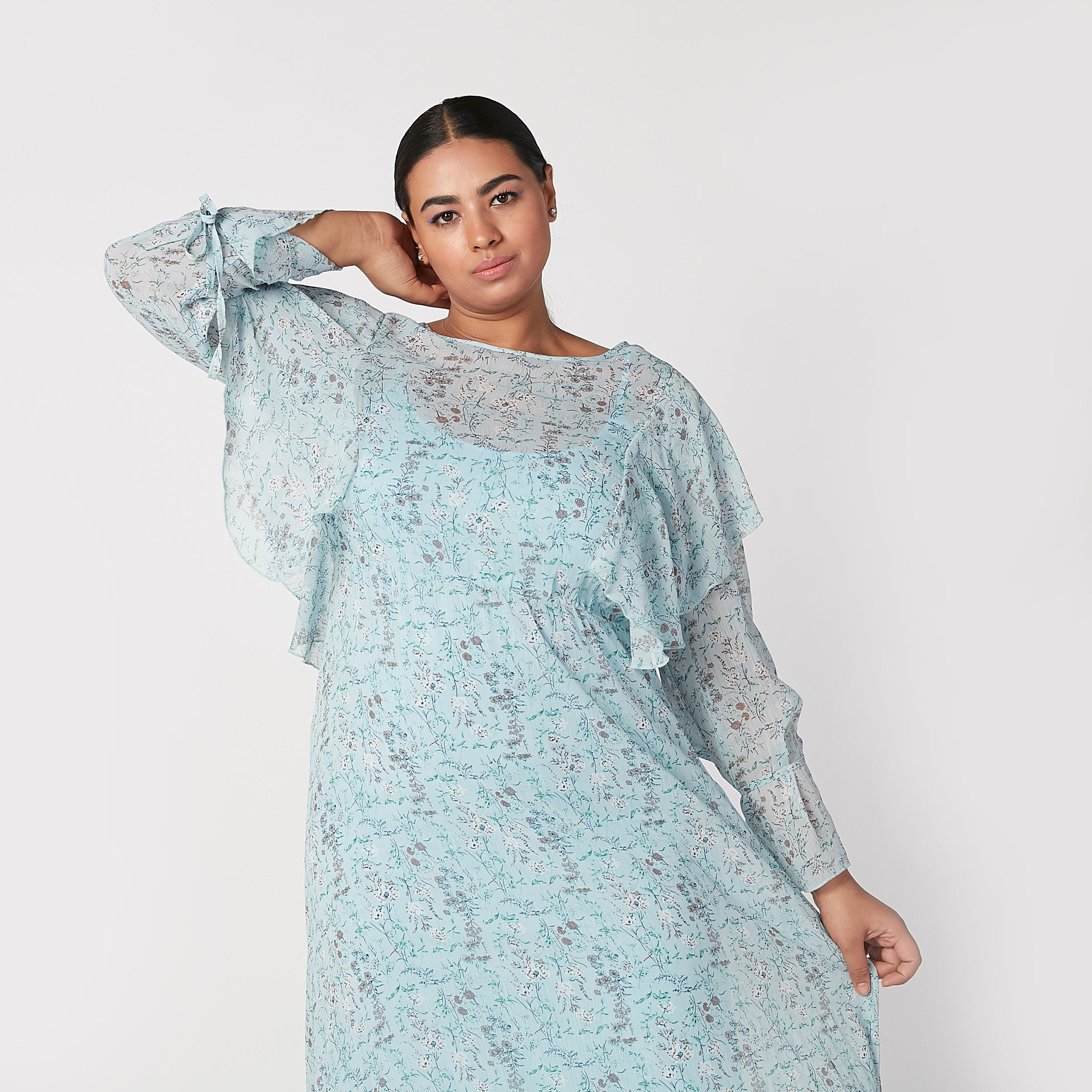 فستان طويل إيه لاين بأكمام طويلة وتفاصيل كشكش وطبعات-women-clothing-dresses-image-3