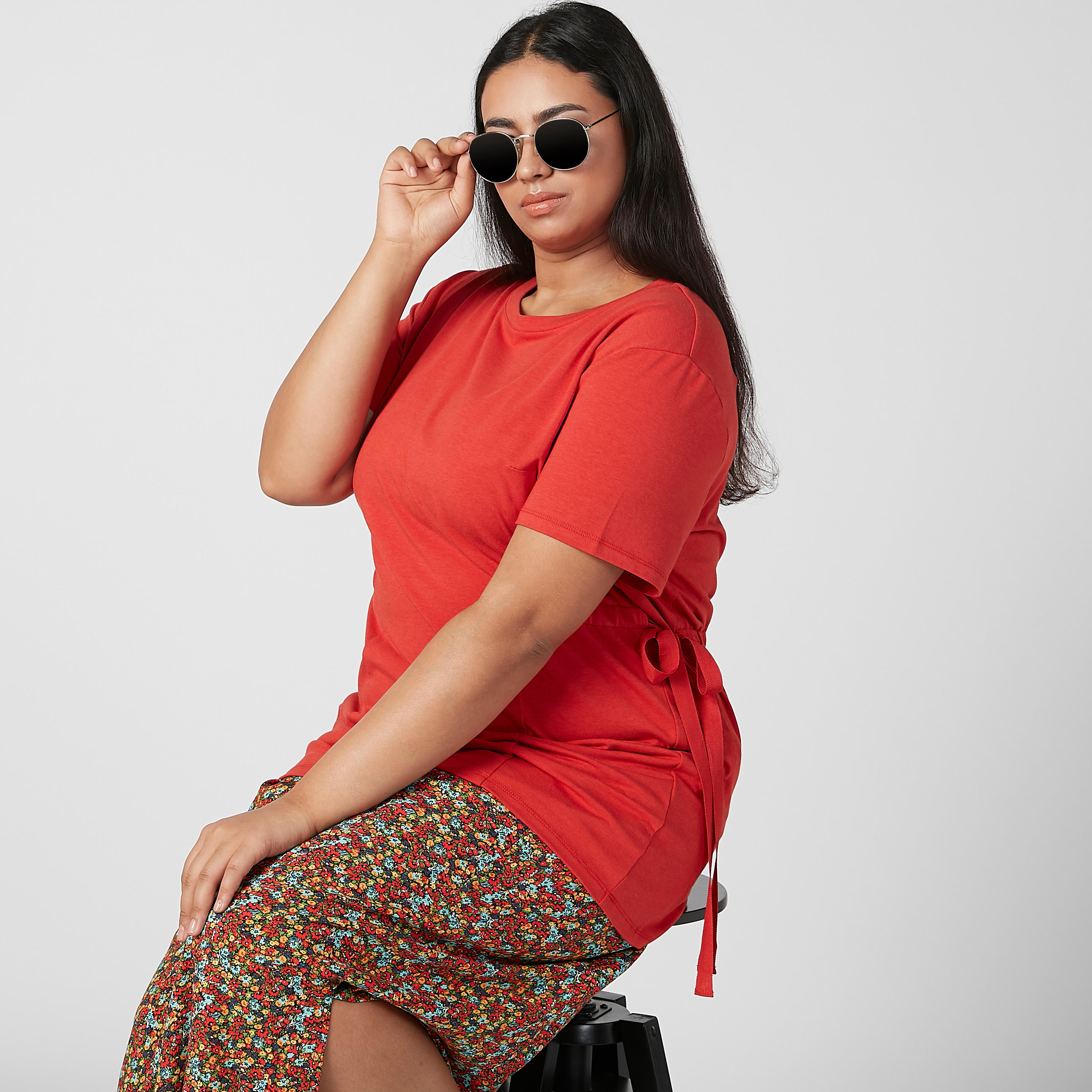 Plain T-shirt with Short Sleeves and Tie Ups-women-clothing-tshirts-image-1