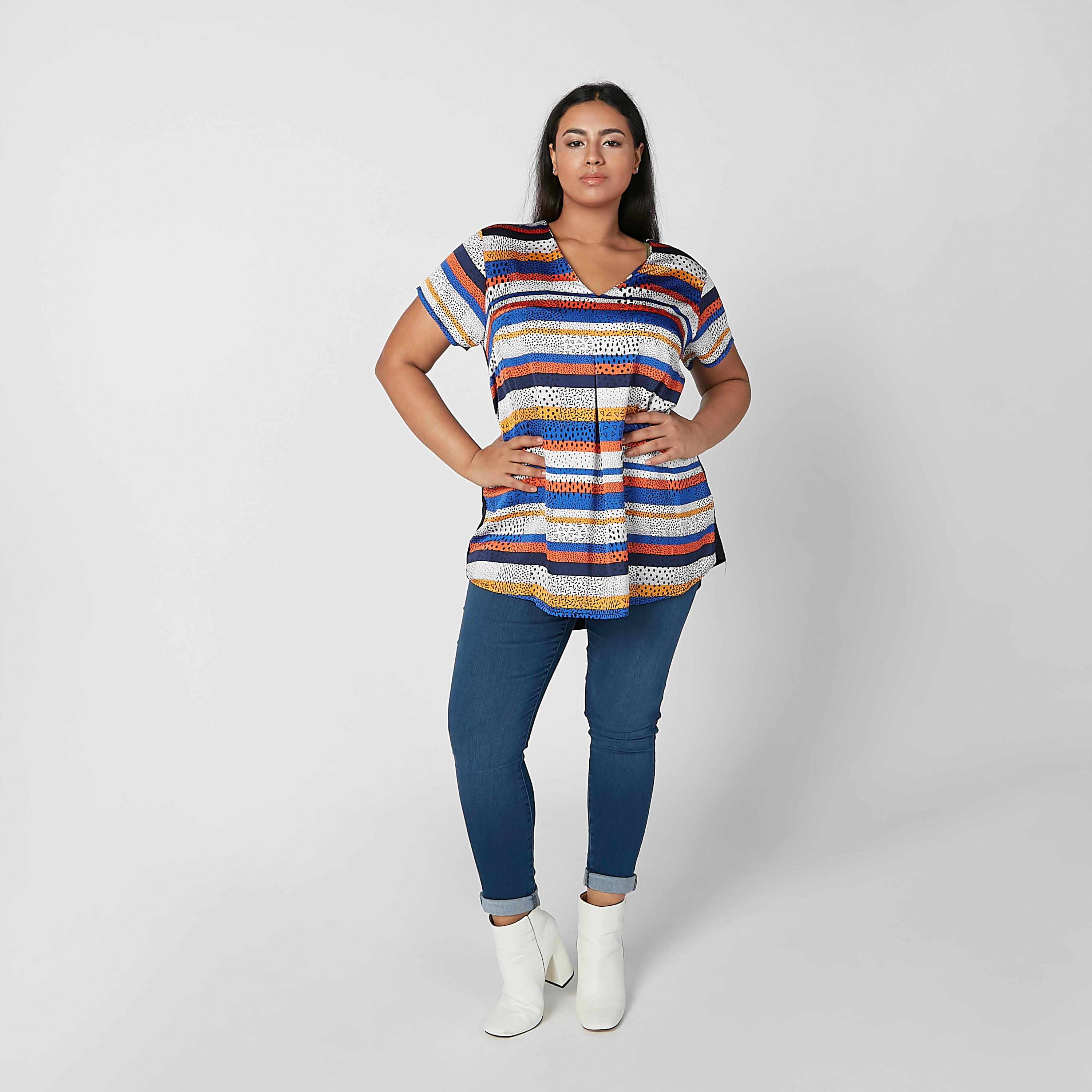 Printed Longline Top with V-neck and Short Sleeves-women-clothing-tshirts-image-1