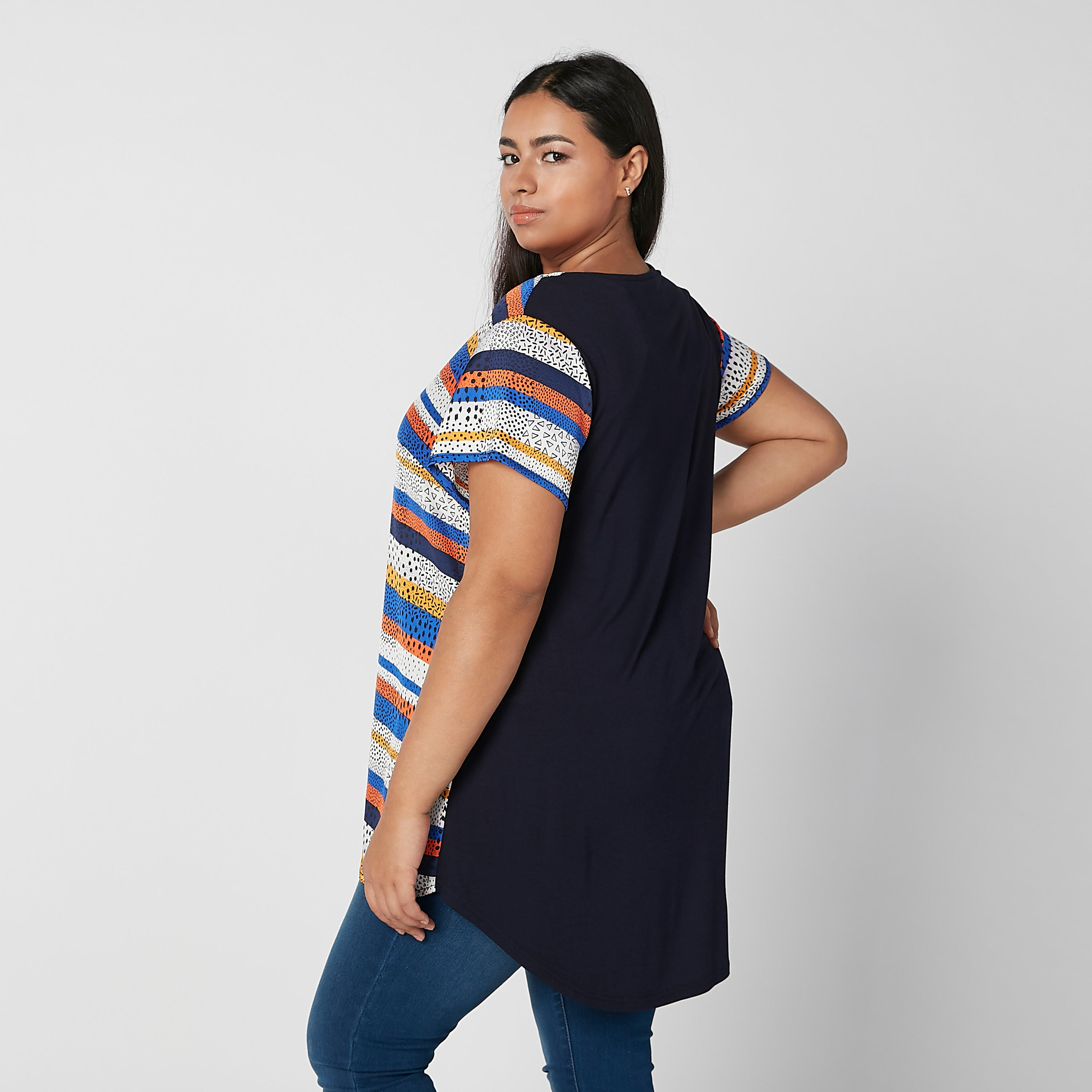Printed Longline Top with V-neck and Short Sleeves-women-clothing-tshirts-image-2