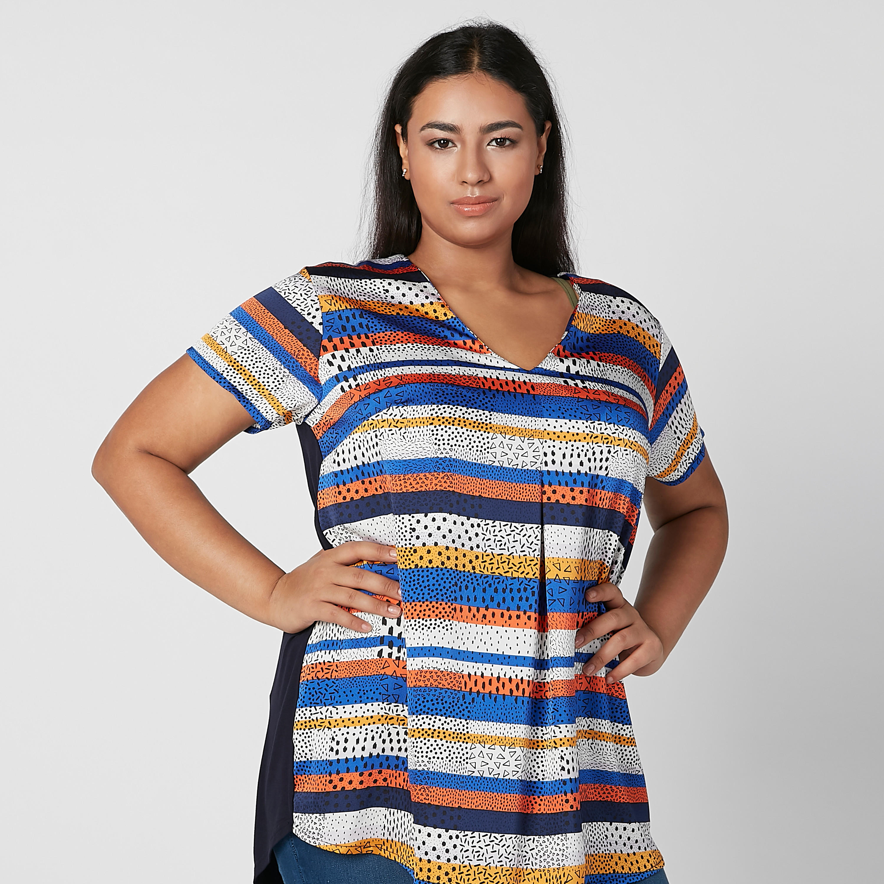 Printed Longline Top with V-neck and Short Sleeves-women-clothing-tshirts-image-4