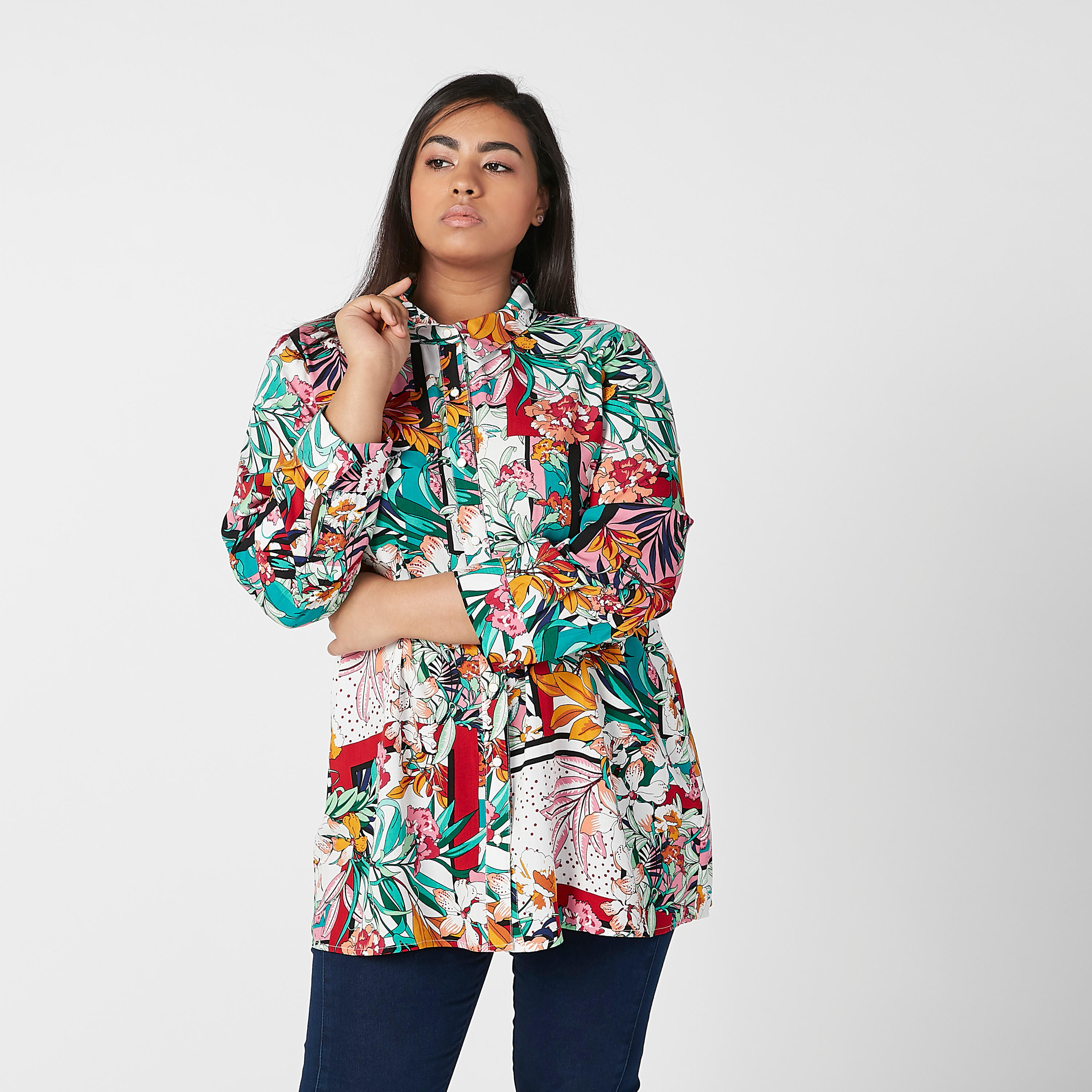 Floral Printed Shirt with Spread Collar and Long Sleeves-women-clothing-shirtsandblouses-blouses-image-1