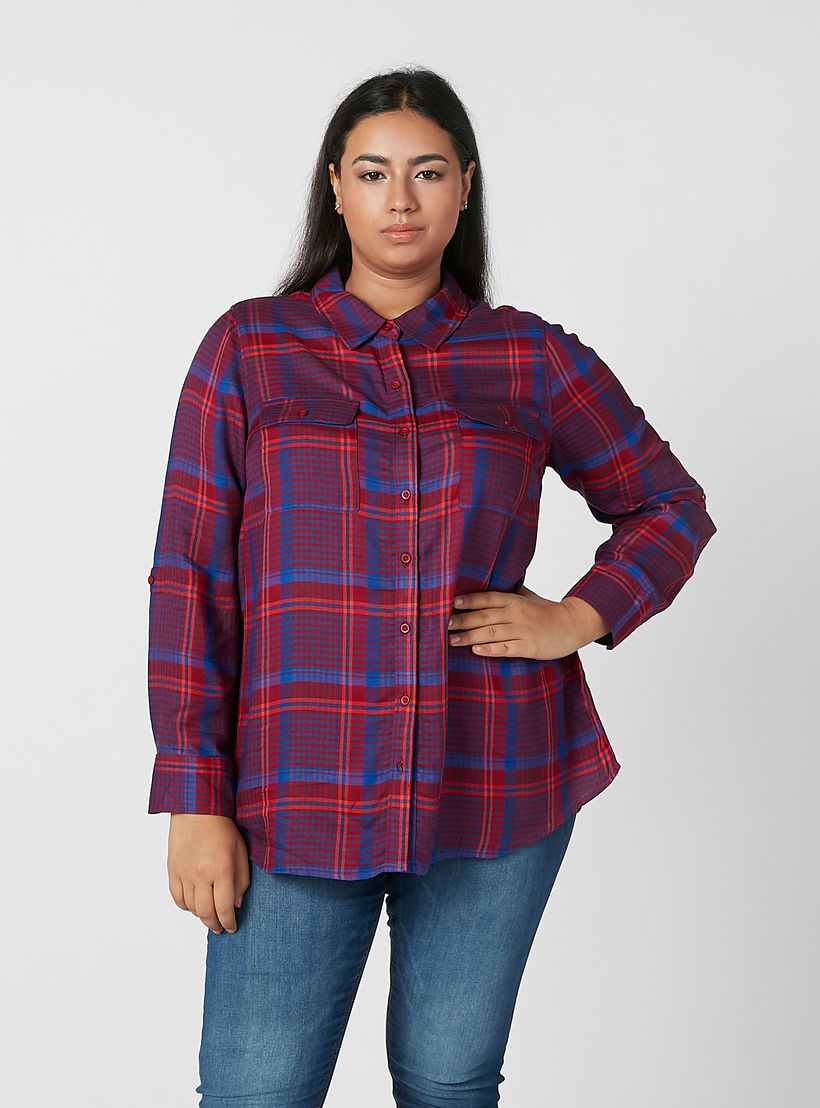 قميص مستدام كاروهات بأكمام طويلة وجيوب بطيّة-women-clothing-shirtsandblouses-blouses-image-1