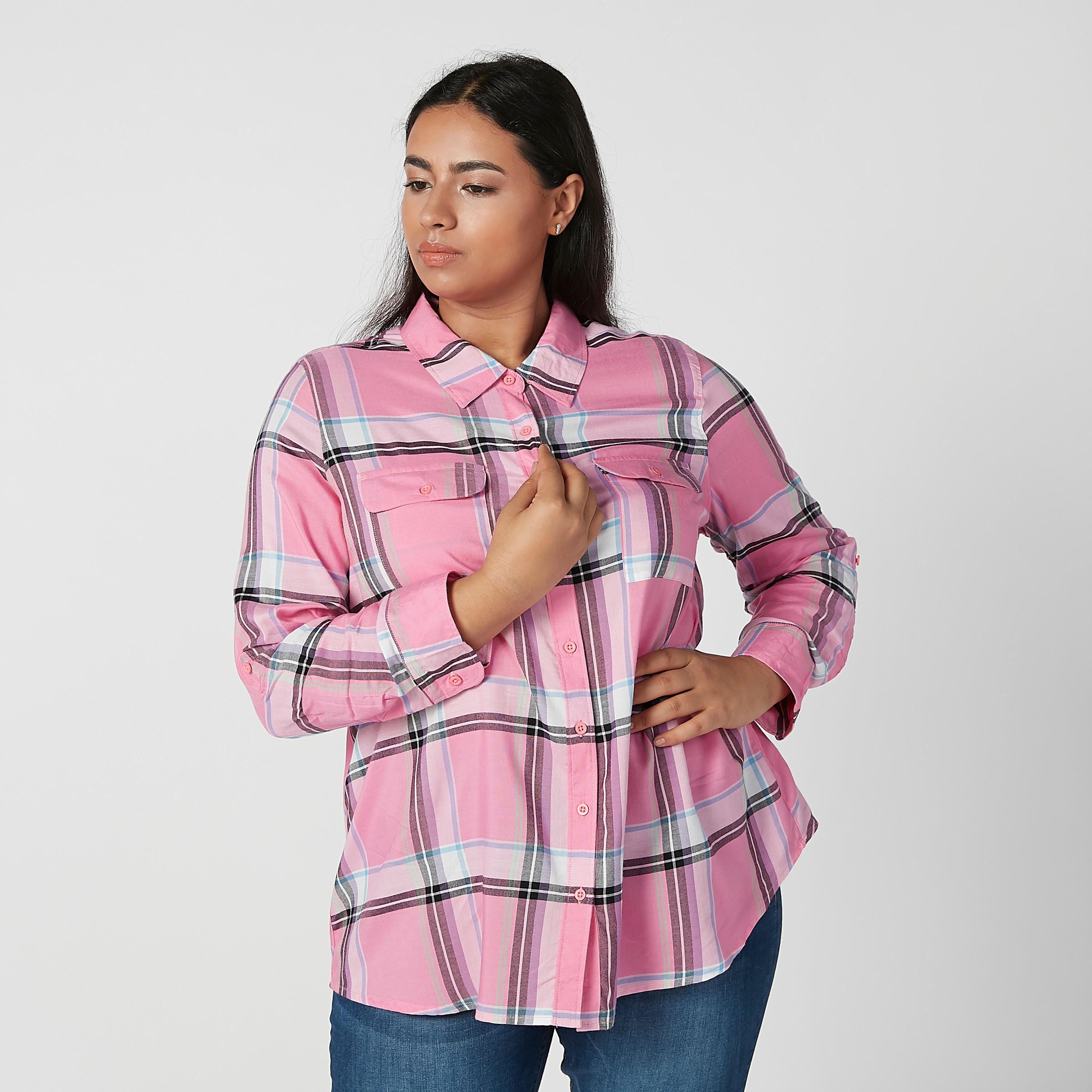 قميص كاروهات مستدام بأكمام طويلة و ياقة عادية-women-clothing-shirtsandblouses-blouses-image-1