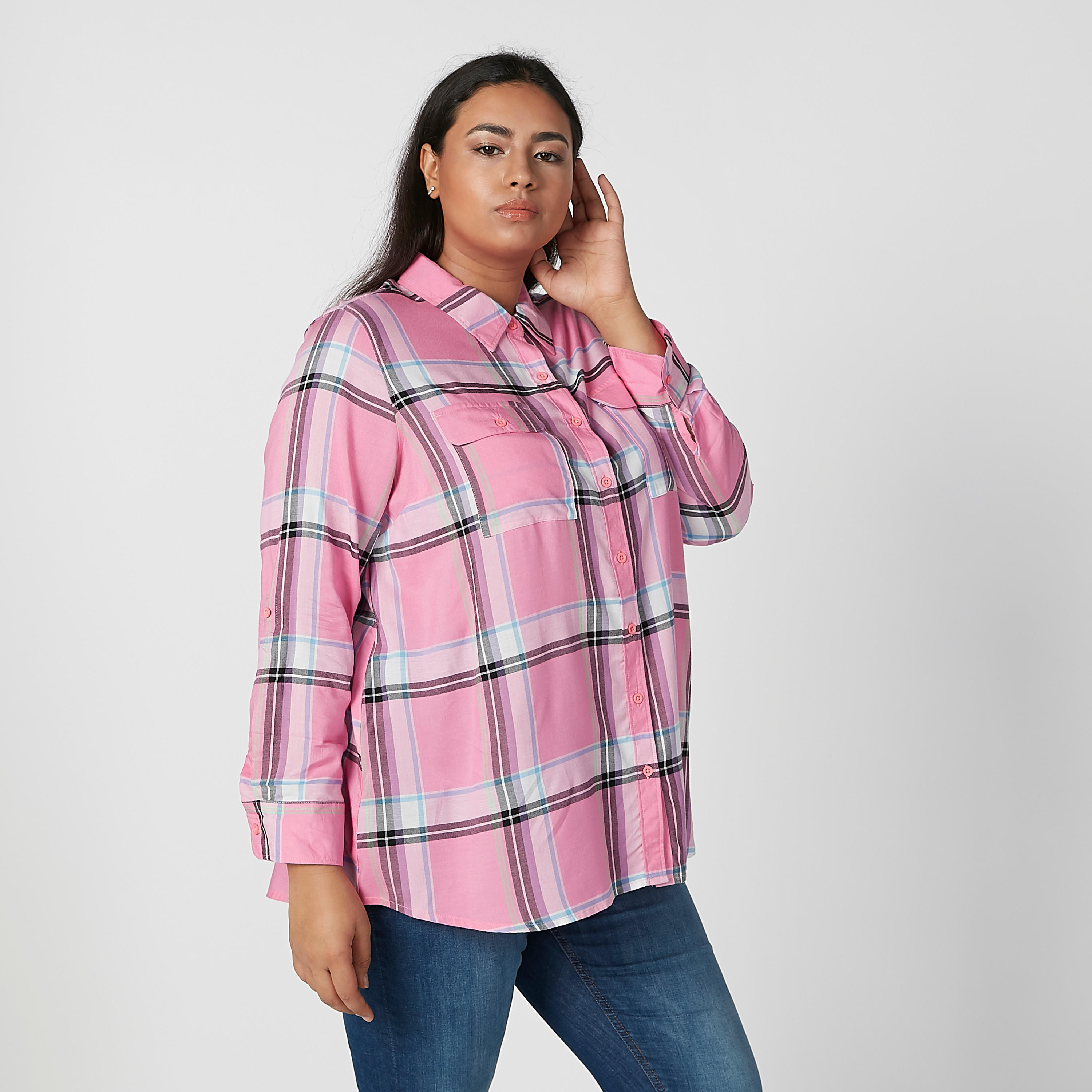 قميص كاروهات مستدام بأكمام طويلة و ياقة عادية-women-clothing-shirtsandblouses-blouses-image-3