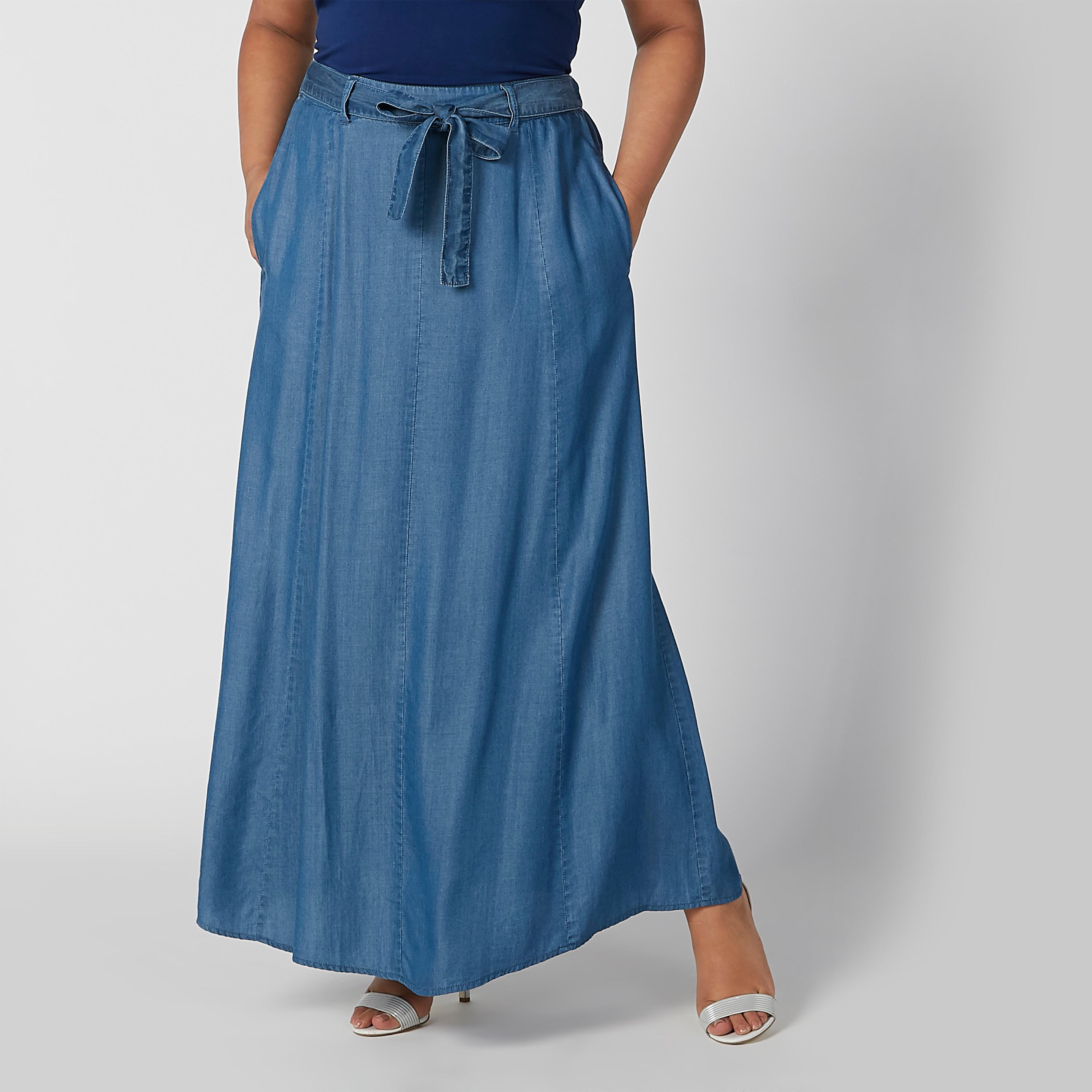 تنورة مستدامة ماكسي دينم بجيوب وأربطة-women-clothing-bottoms-skirts-image-1