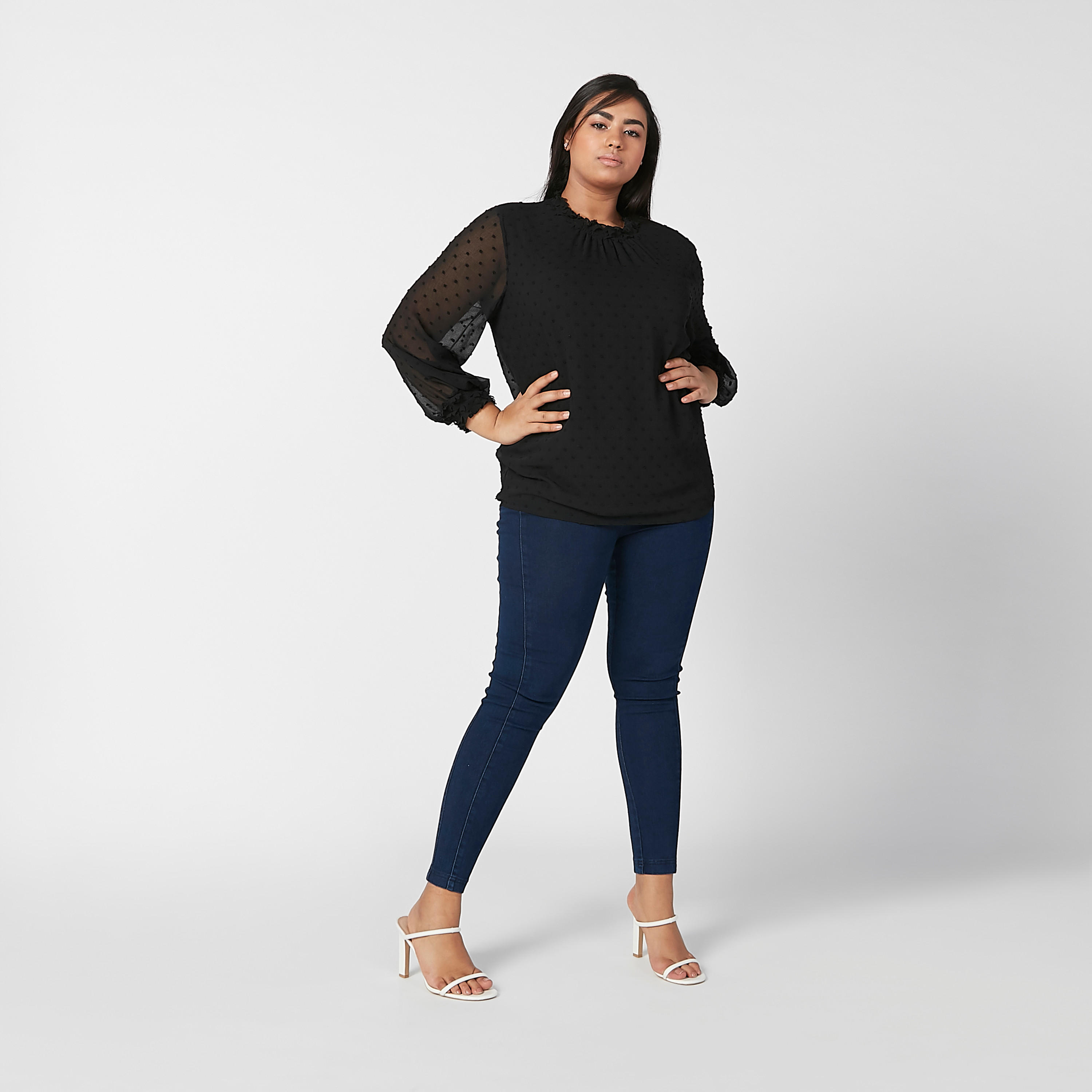 بلوزة بارزة الملمس بياقة مستديرة وأكمام بيشوب-women-clothing-shirtsandblouses-blouses-image-5