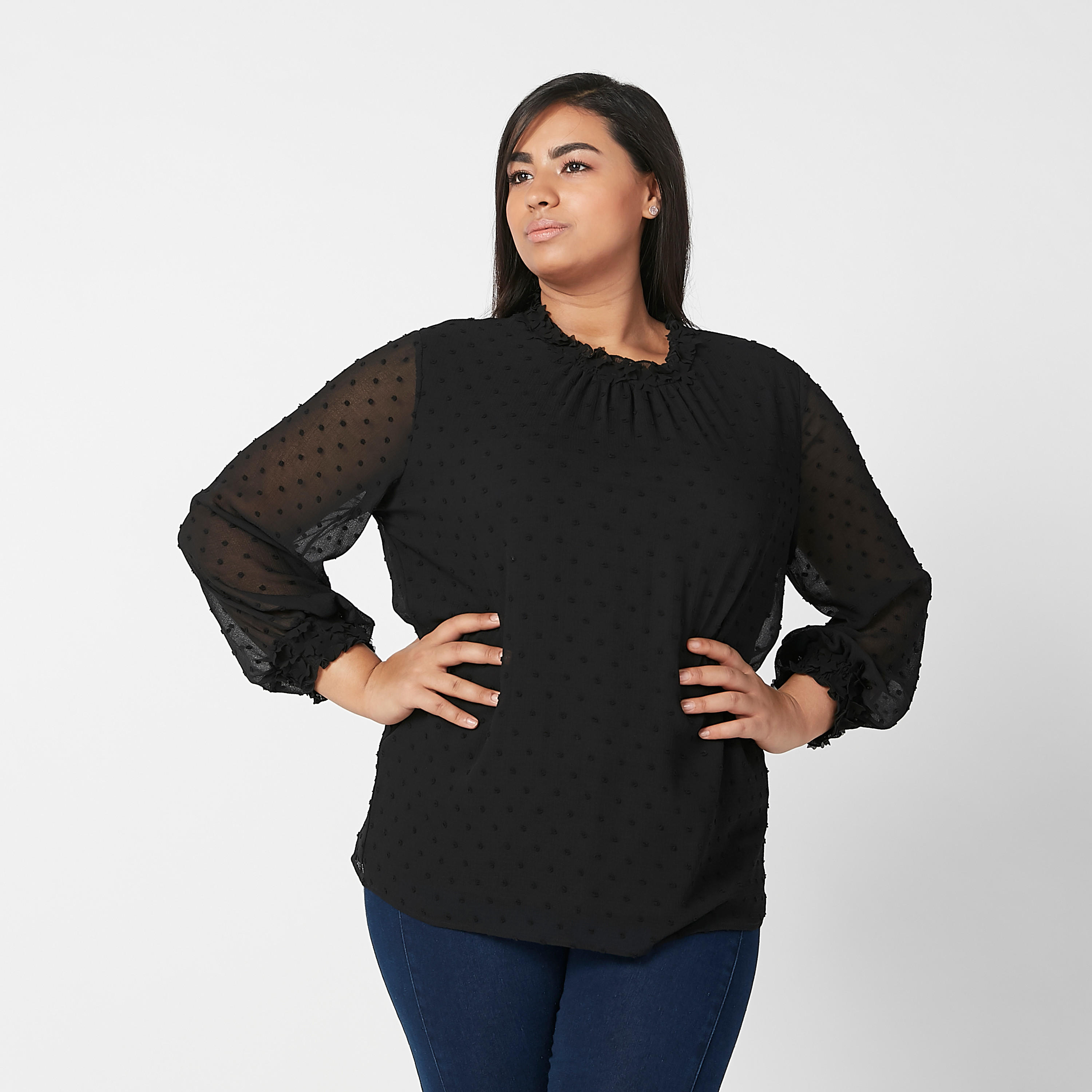 بلوزة بارزة الملمس بياقة مستديرة وأكمام بيشوب-women-clothing-shirtsandblouses-blouses-image-4