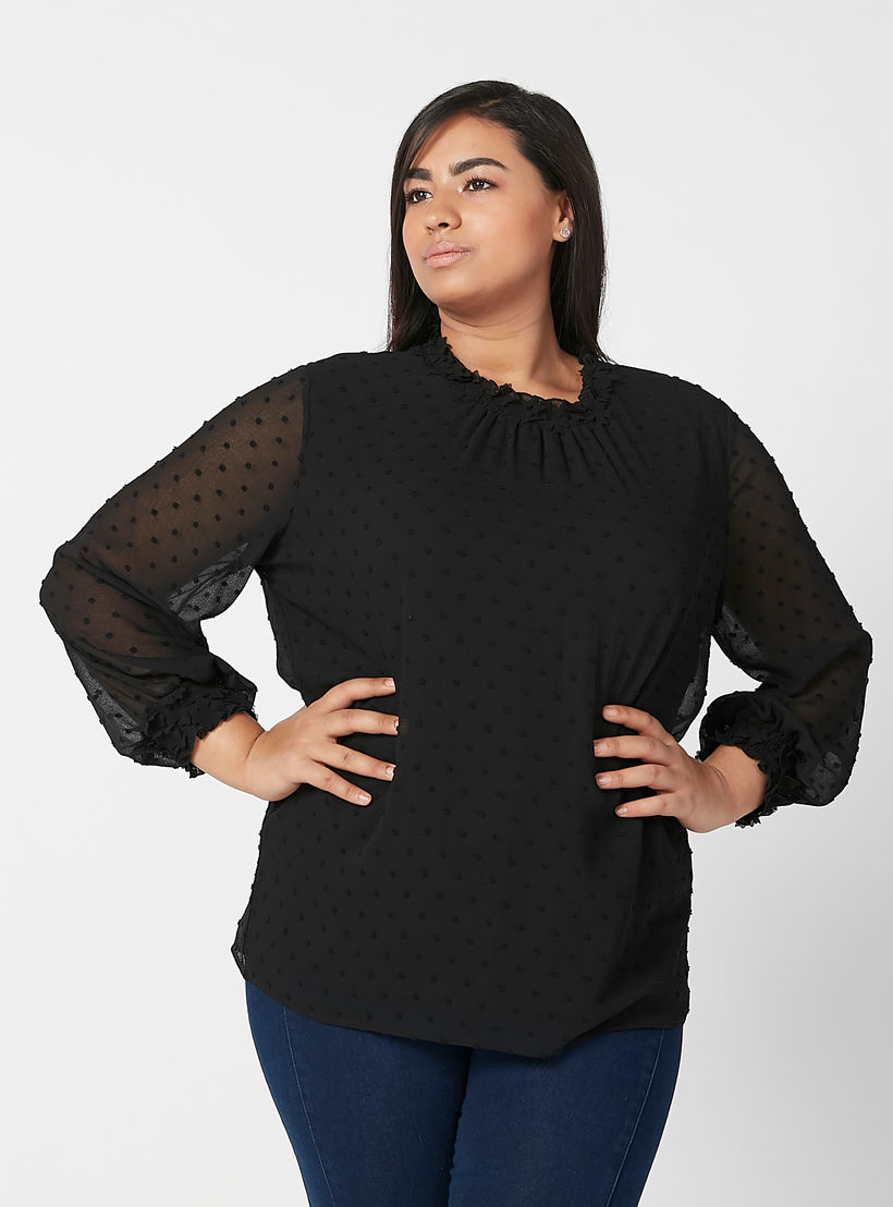 بلوزة بارزة الملمس بياقة مستديرة وأكمام بيشوب-women-clothing-shirtsandblouses-blouses-image-4