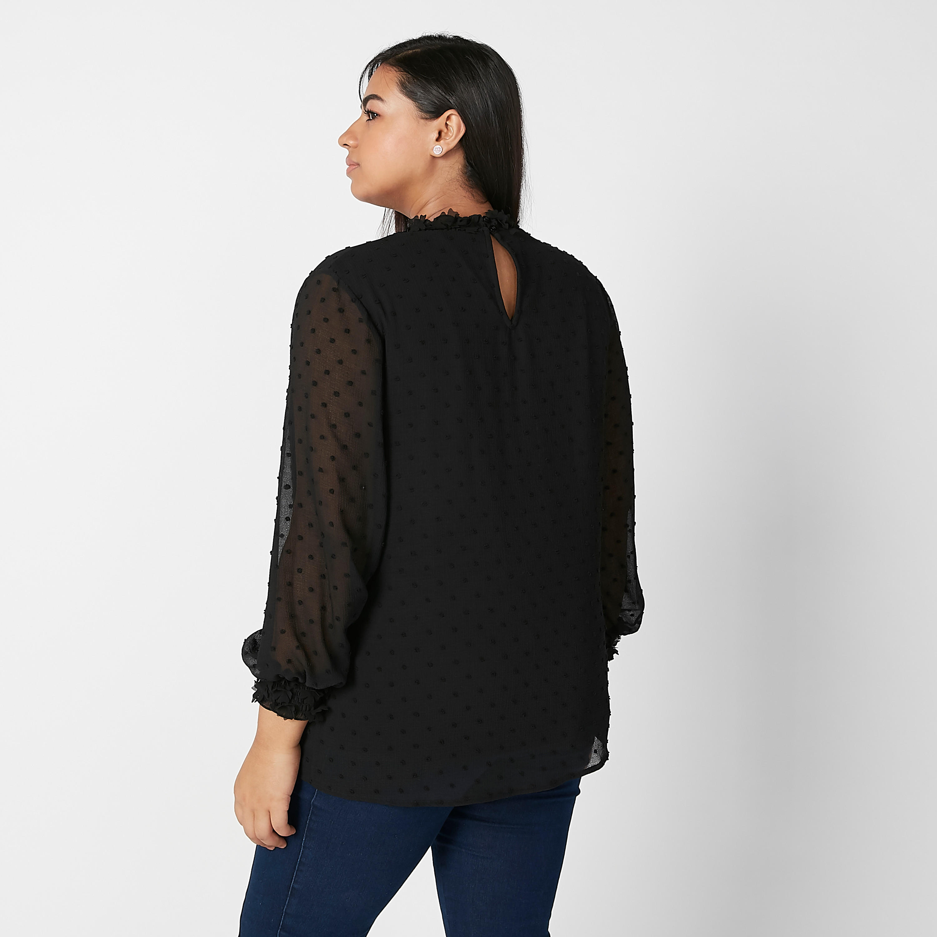 بلوزة بارزة الملمس بياقة مستديرة وأكمام بيشوب-women-clothing-shirtsandblouses-blouses-image-3