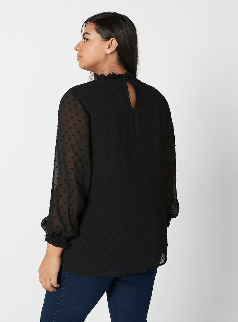 بلوزة بارزة الملمس بياقة مستديرة وأكمام بيشوب-women-clothing-shirtsandblouses-blouses-image-3