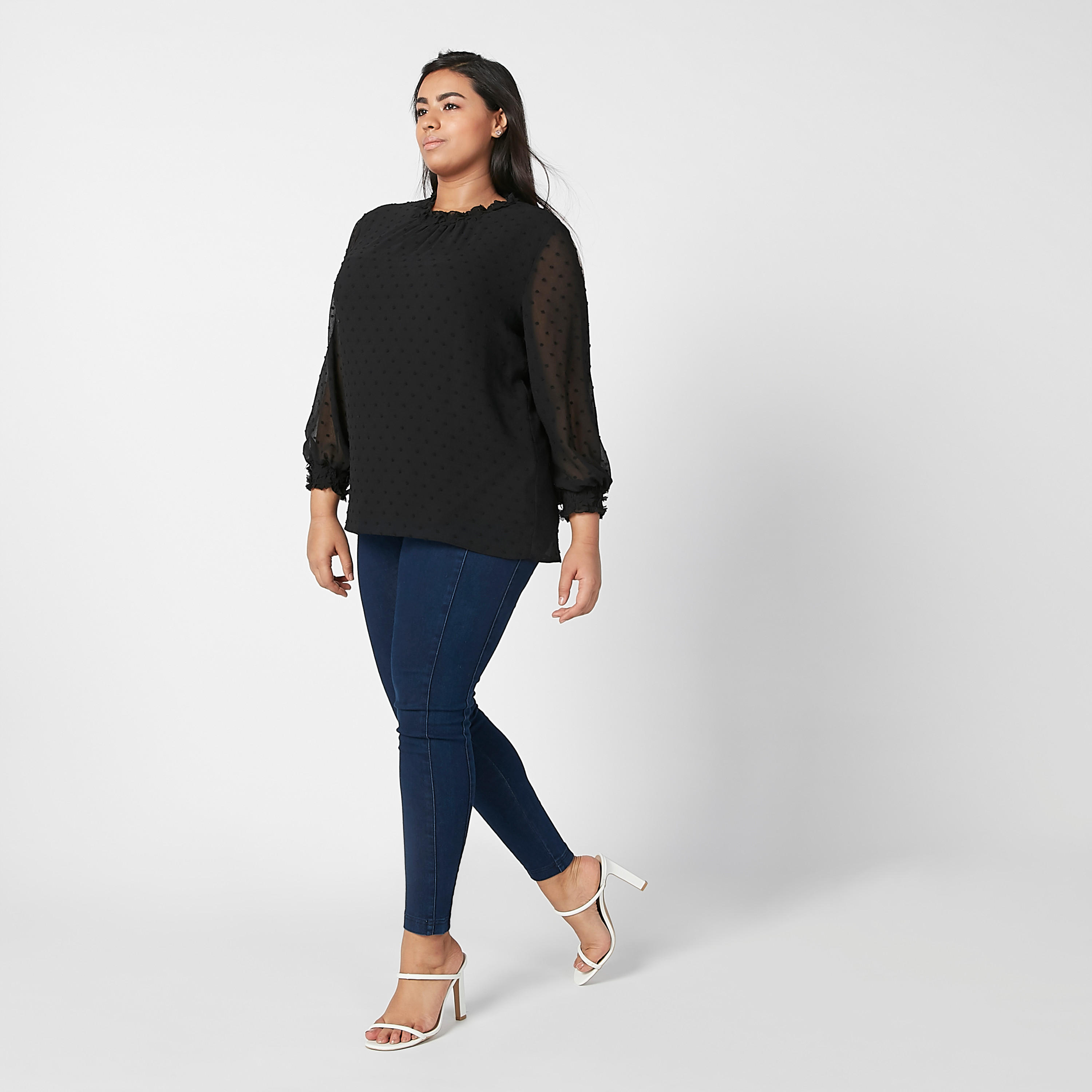 بلوزة بارزة الملمس بياقة مستديرة وأكمام بيشوب-women-clothing-shirtsandblouses-blouses-image-1