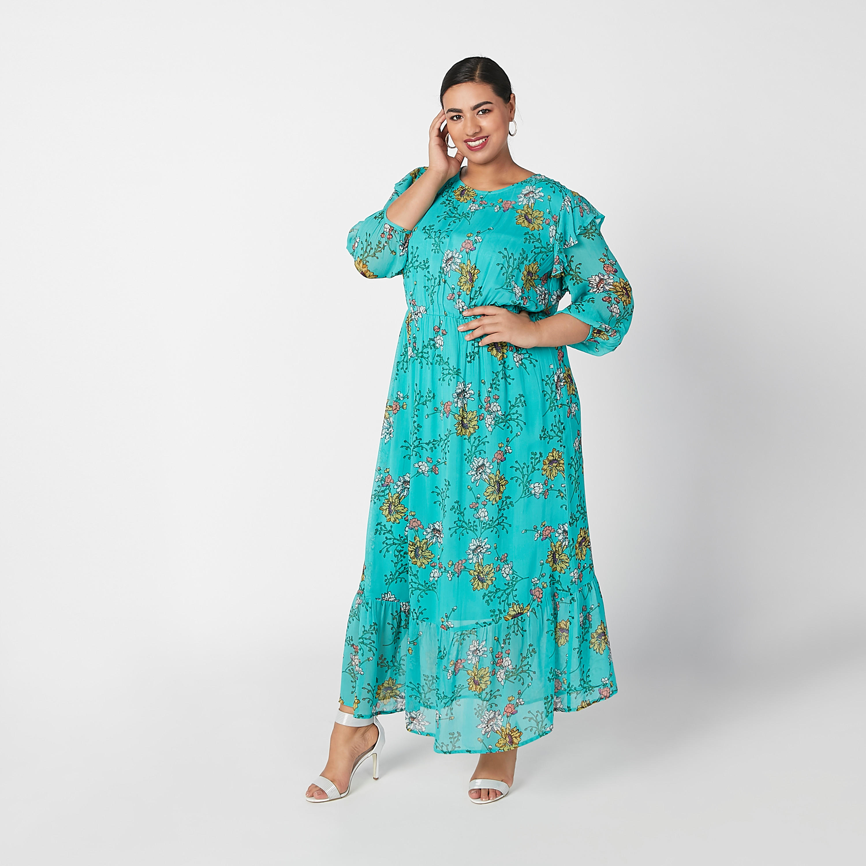 فستان طويل إيه لاين بأكمام 3/4 وتفاصيل كشكش وطبعات زهرية-women-clothing-dresses-image-1