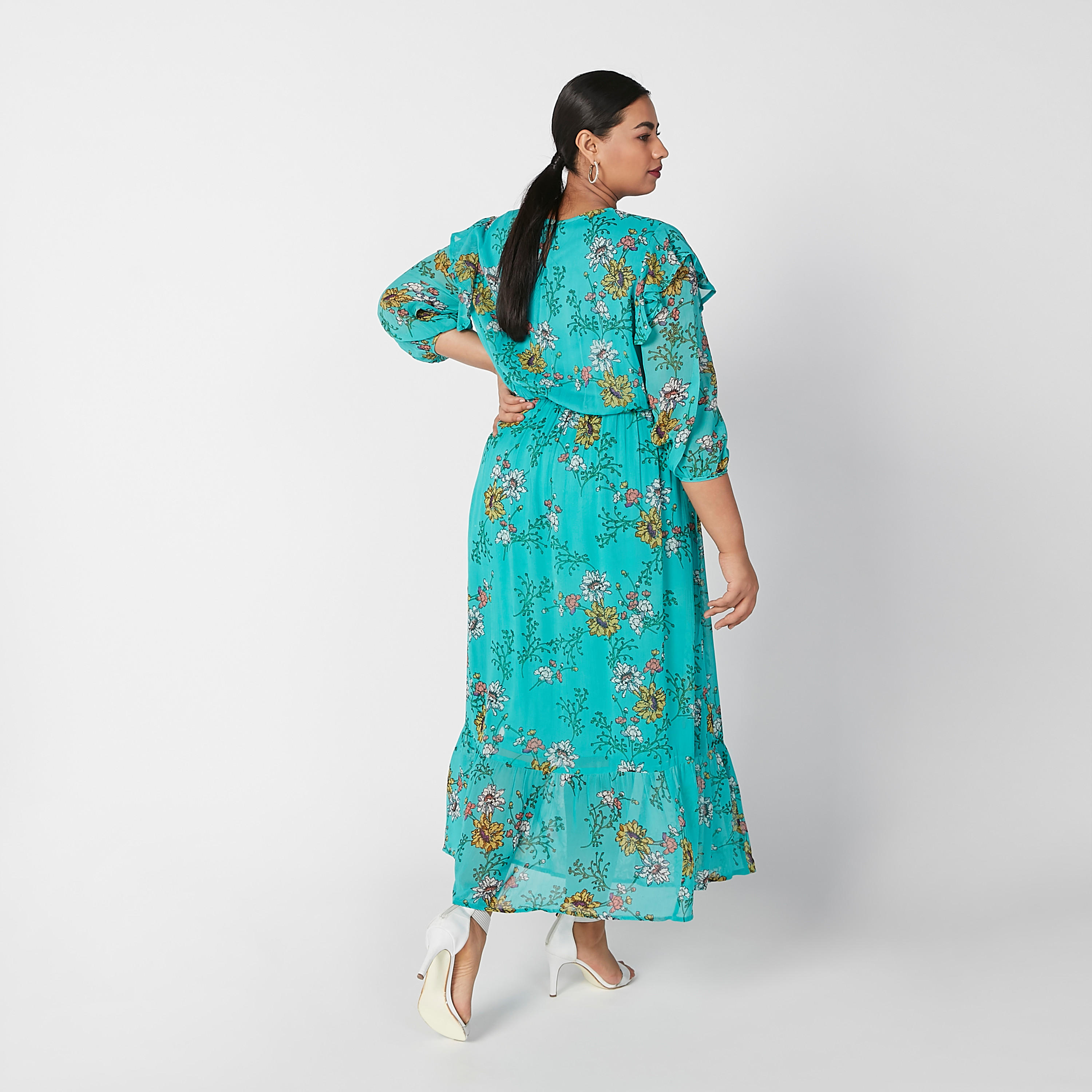 فستان طويل إيه لاين بأكمام 3/4 وتفاصيل كشكش وطبعات زهرية-women-clothing-dresses-image-2