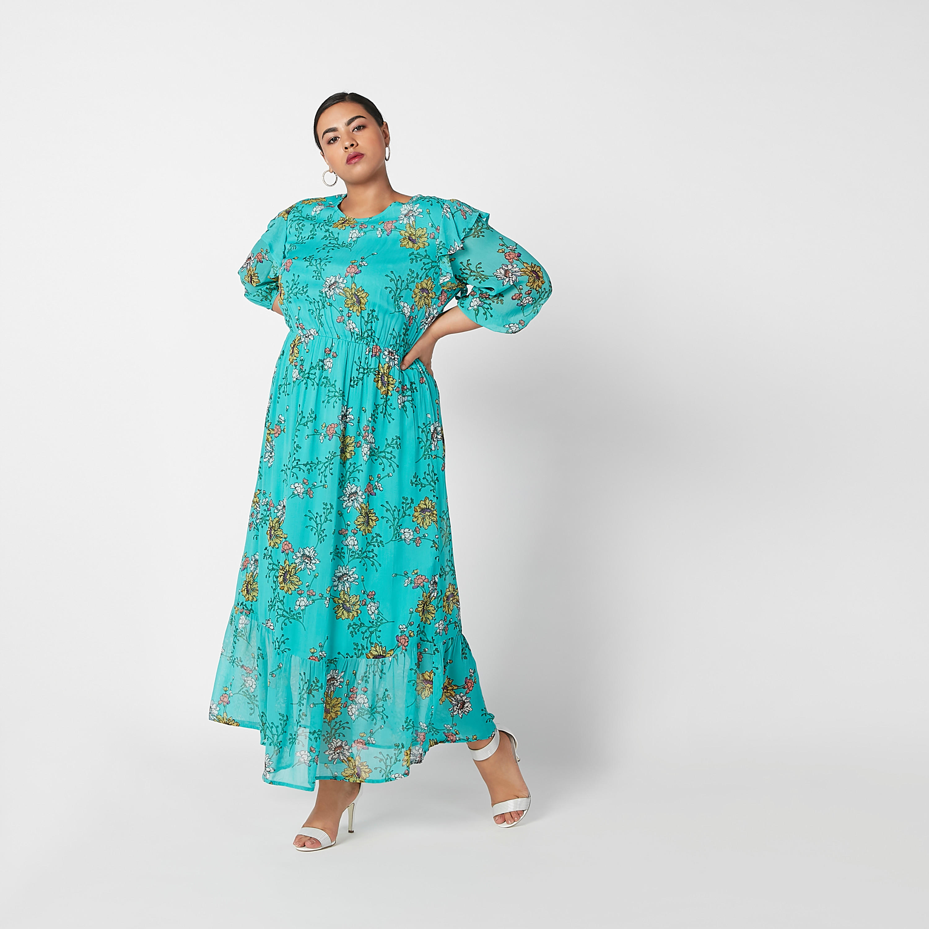 فستان طويل إيه لاين بأكمام 3/4 وتفاصيل كشكش وطبعات زهرية-women-clothing-dresses-image-3