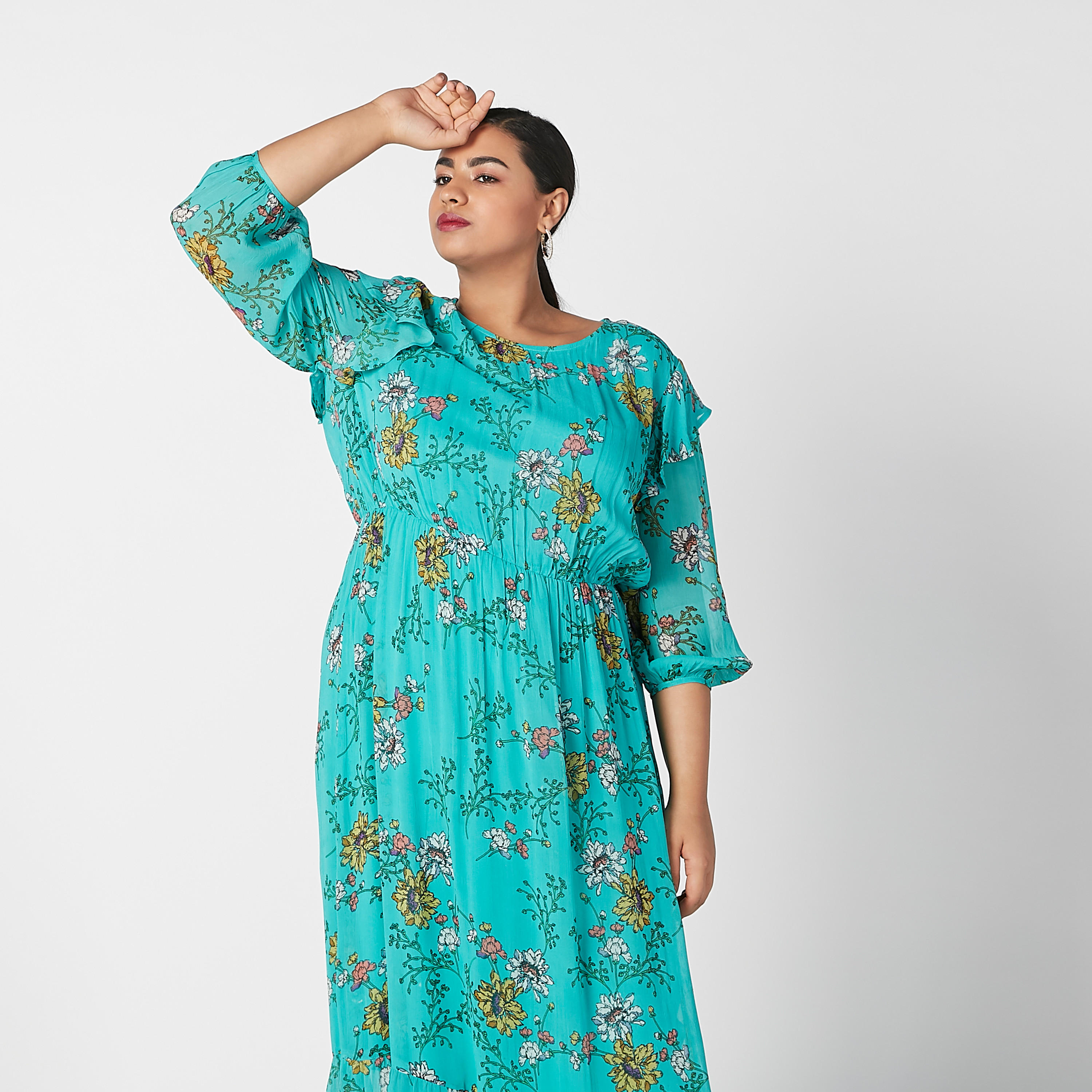 فستان طويل إيه لاين بأكمام 3/4 وتفاصيل كشكش وطبعات زهرية-women-clothing-dresses-image-4