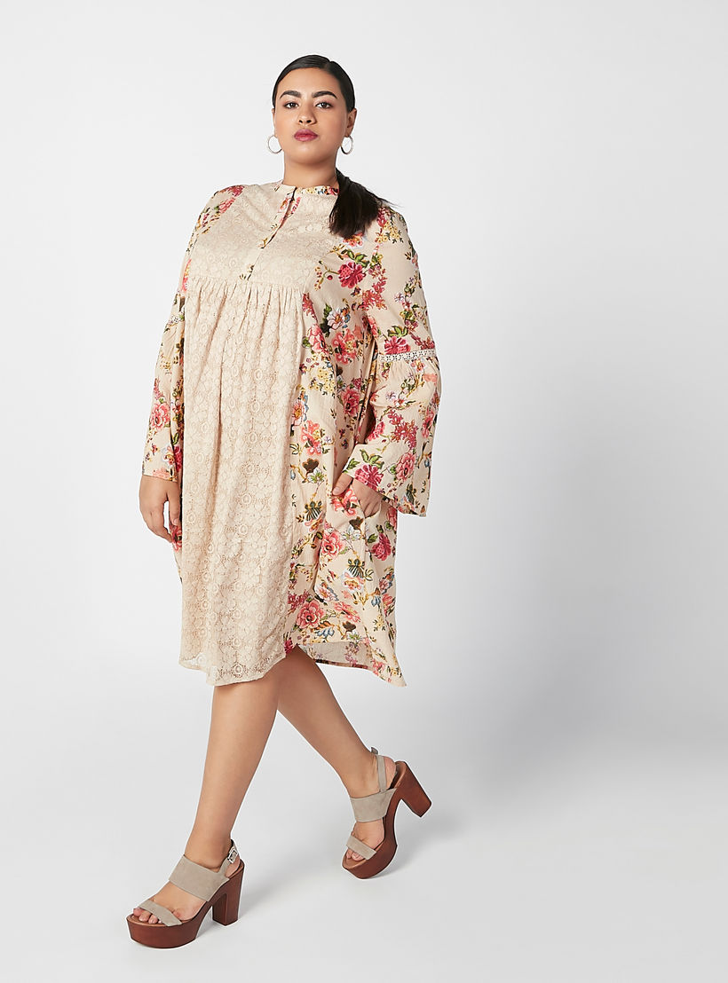 فستان بياقة ماندارين وأكمام جرس وطبعات زهرية-women-clothing-dresses-image-1