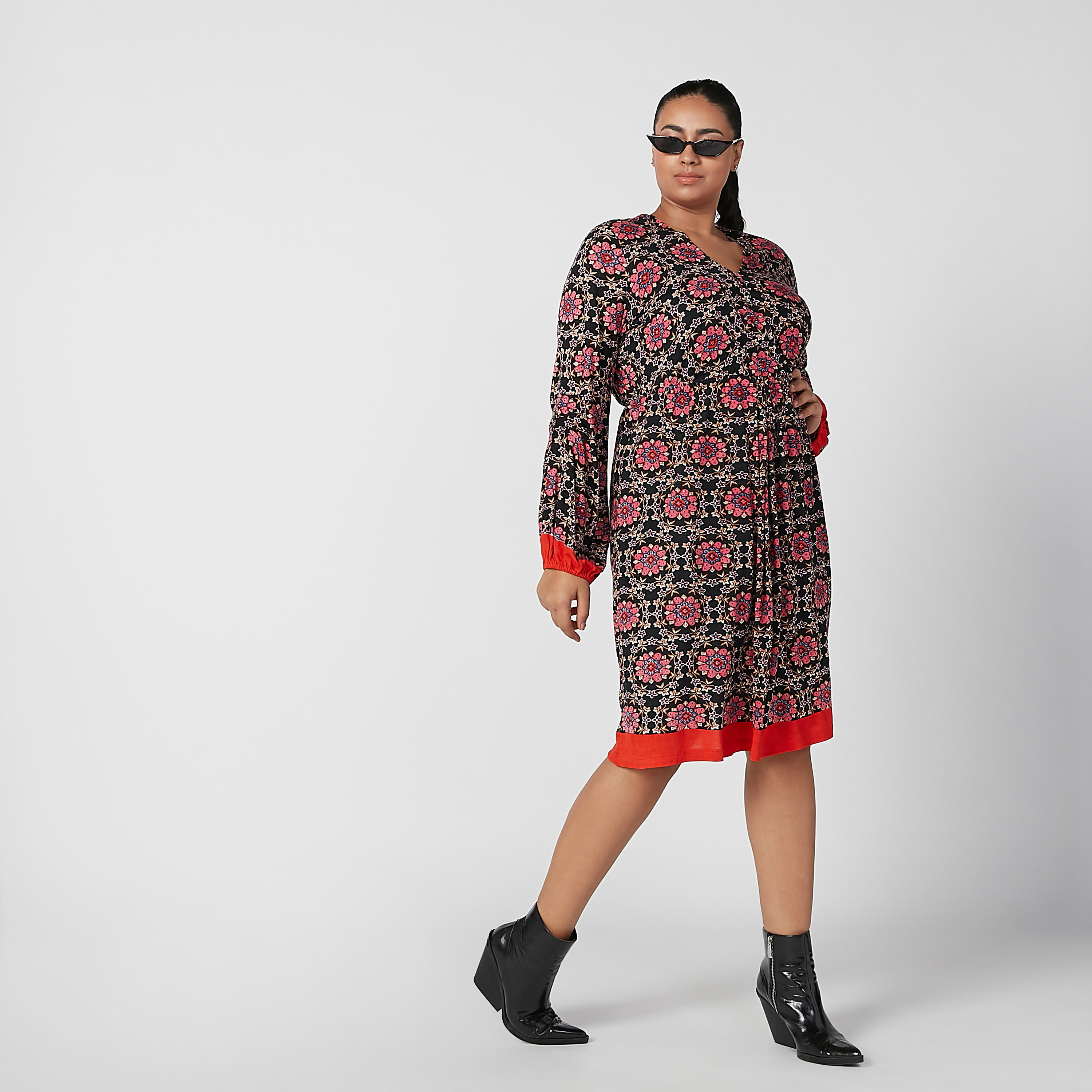 فستان إيه لاين ميدي بياقة V وأكمام طويلة وطبعات زهرية-women-clothing-dresses-image-2