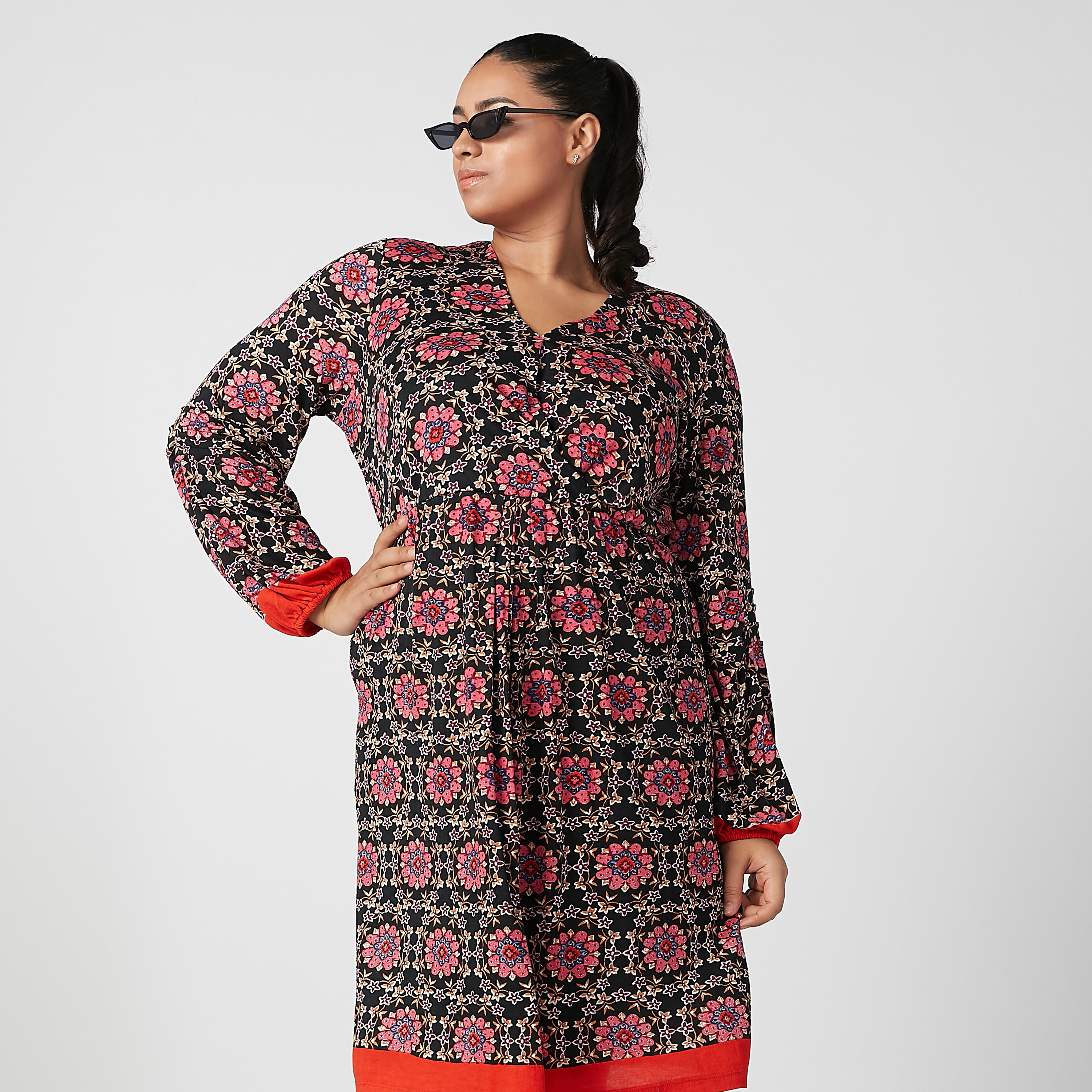 فستان إيه لاين ميدي بياقة V وأكمام طويلة وطبعات زهرية-women-clothing-dresses-image-3