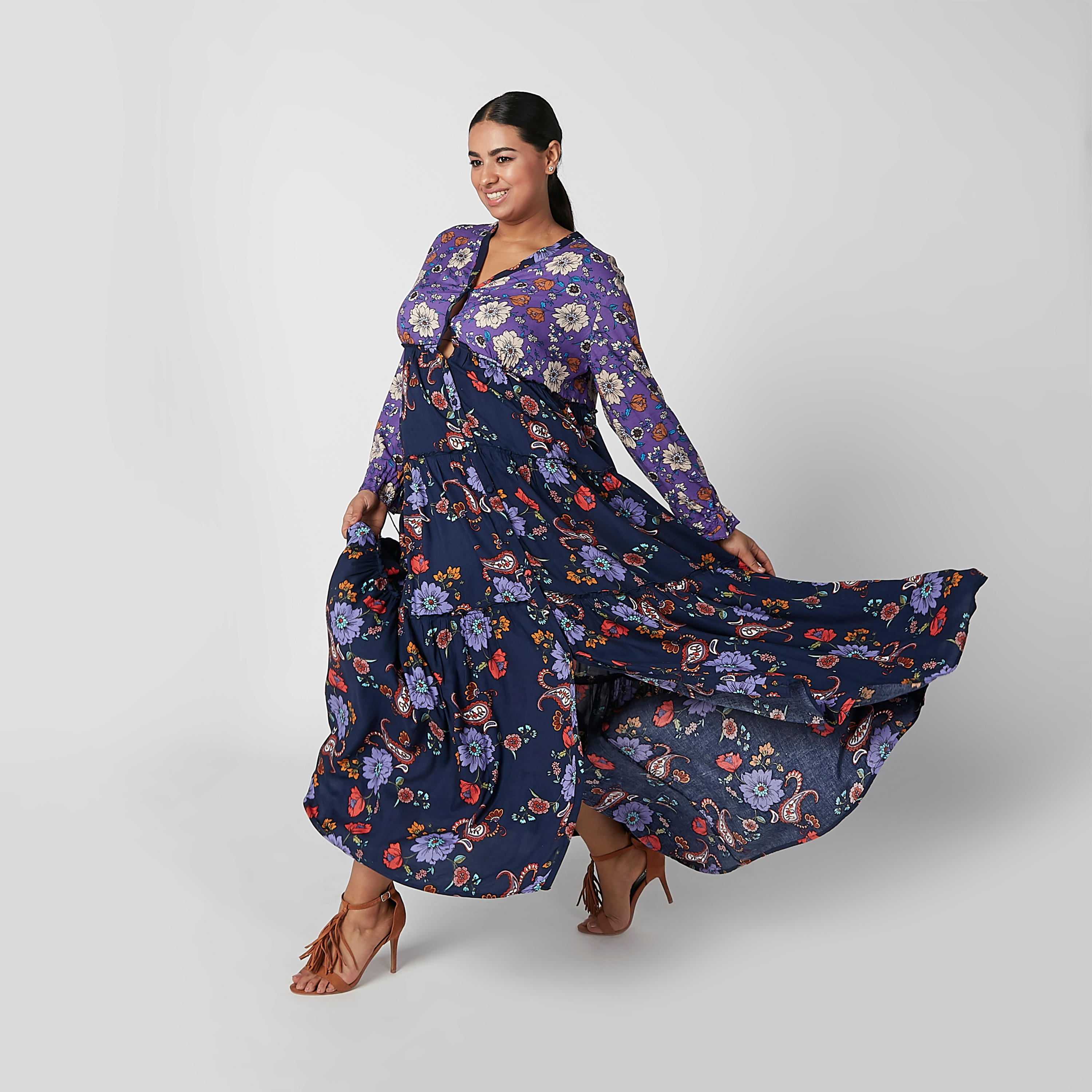فستان ماكسي إيه لاين بياقة V وأكمام طويلة وطبعات-women-clothing-dresses-image-1