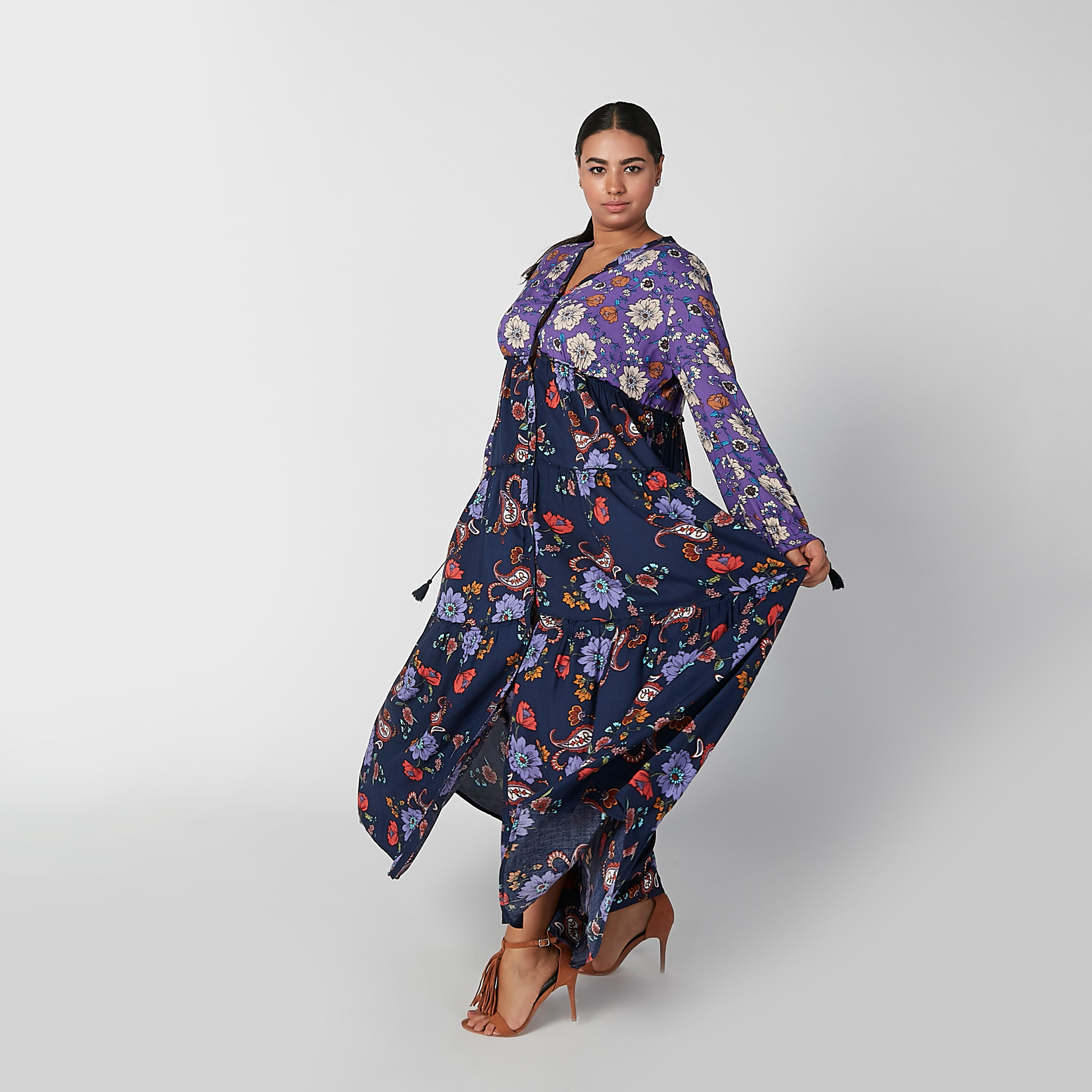 فستان ماكسي إيه لاين بياقة V وأكمام طويلة وطبعات-women-clothing-dresses-image-3