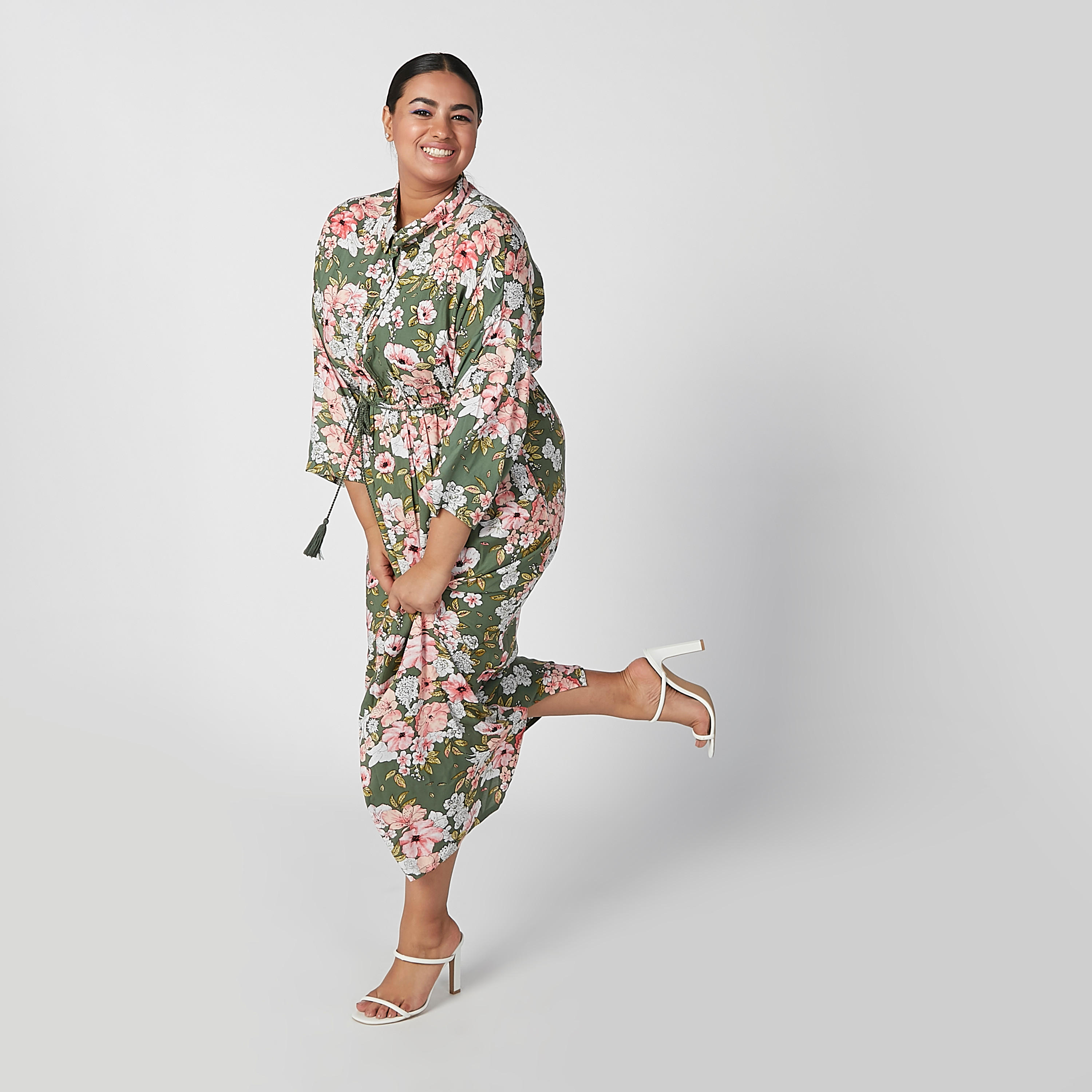 فستان طويل إيه لاين بأكمام طويلة وأربطة وطبعات زهرية-women-clothing-dresses-image-1