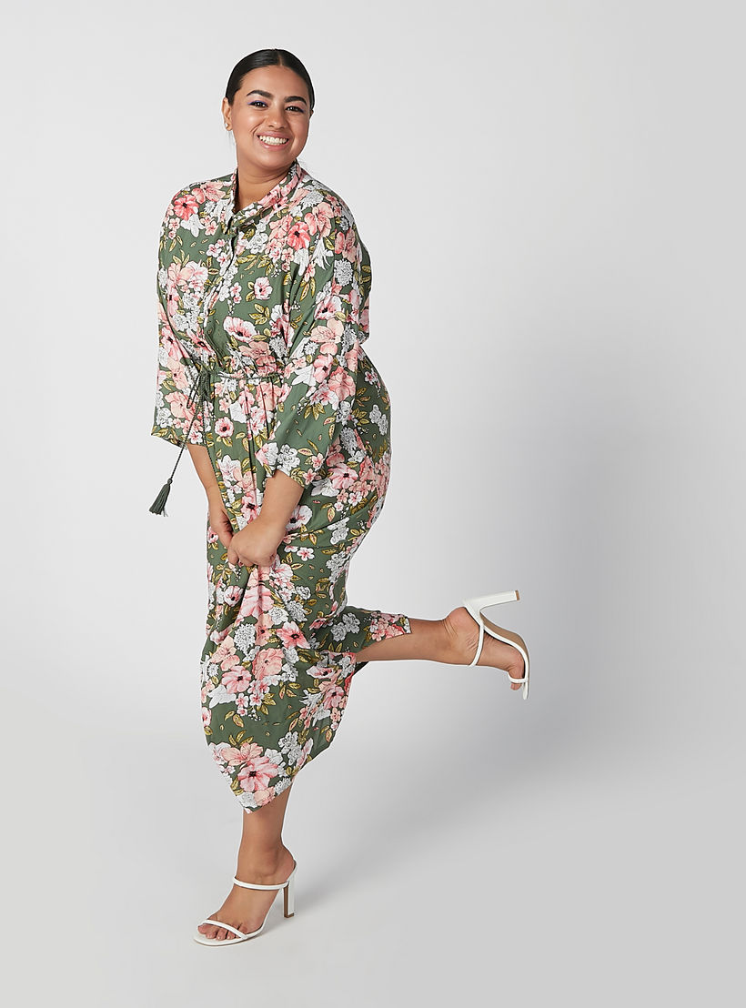 فستان طويل إيه لاين بأكمام طويلة وأربطة وطبعات زهرية-women-clothing-dresses-image-1