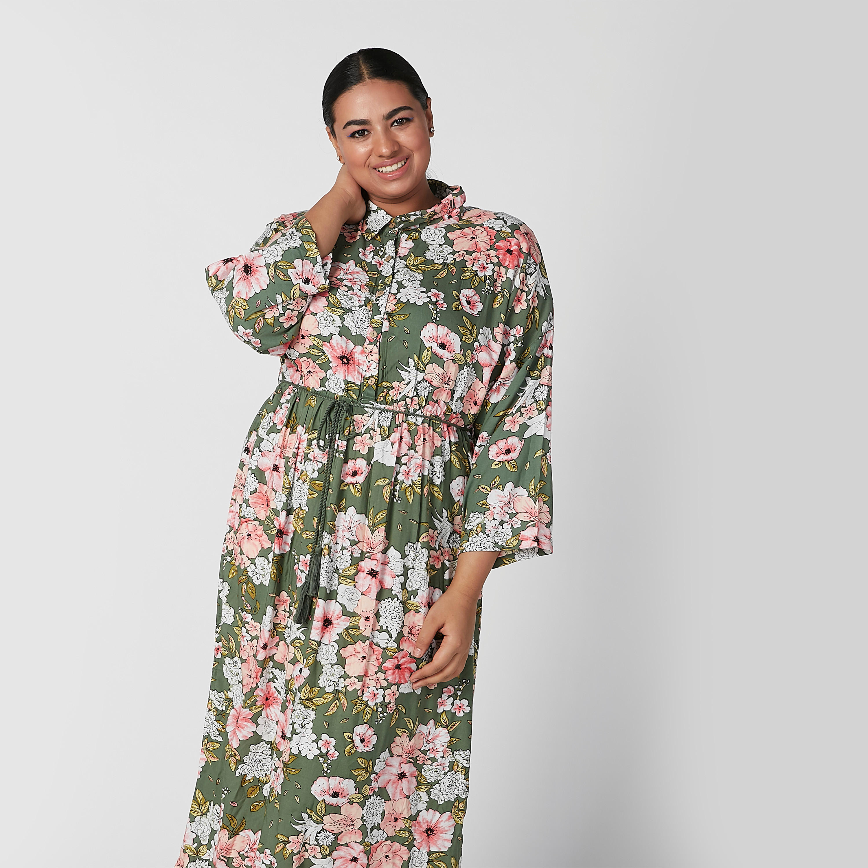 فستان طويل إيه لاين بأكمام طويلة وأربطة وطبعات زهرية-women-clothing-dresses-image-4