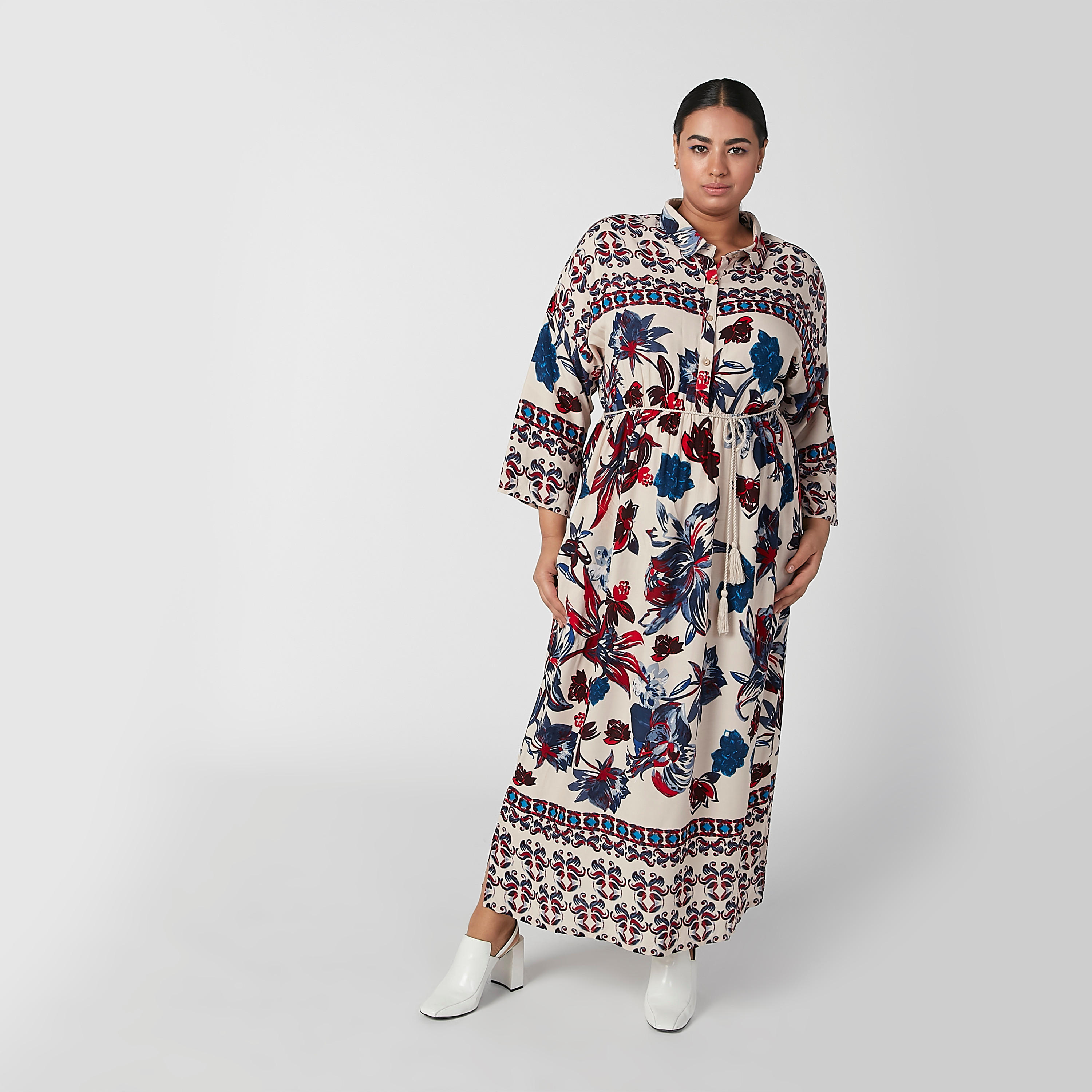 Floral Printed Maxi A-line Dress with Long Sleeves and Tie Ups-women-clothing-dresses-image-2