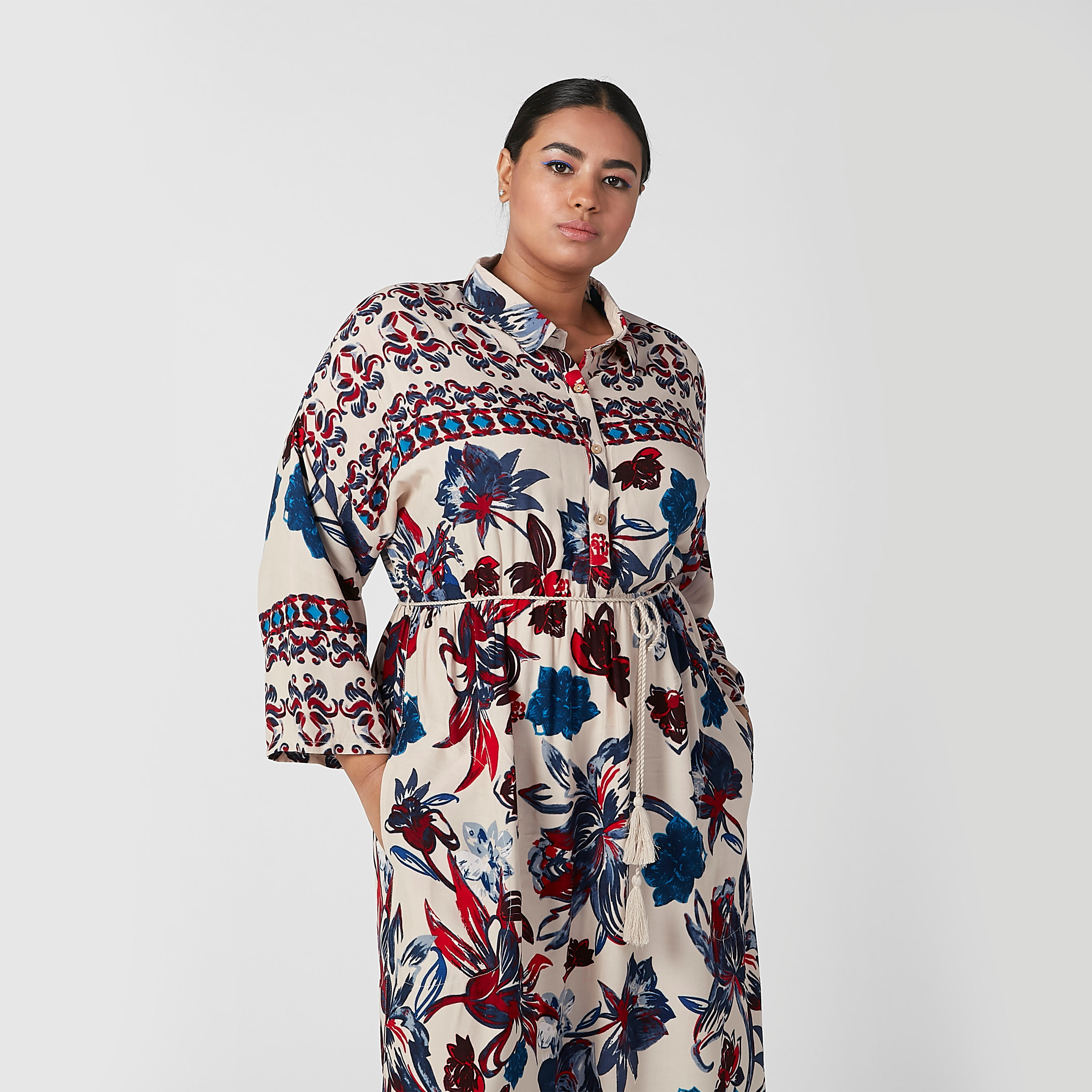 Floral Printed Maxi A-line Dress with Long Sleeves and Tie Ups-women-clothing-dresses-image-3