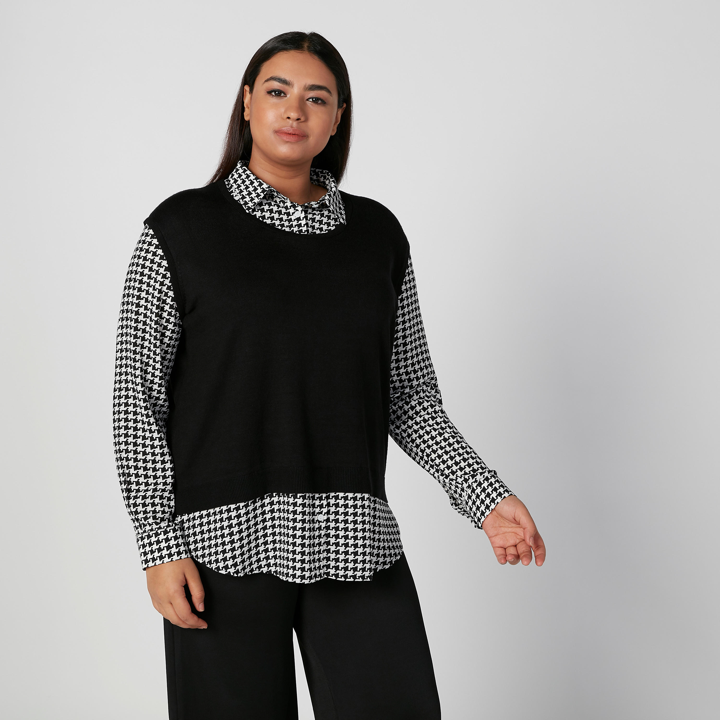 Chequered Shirt with Spread Collar and Long Sleeves-women-clothing-shirtsandblouses-blouses-image-1