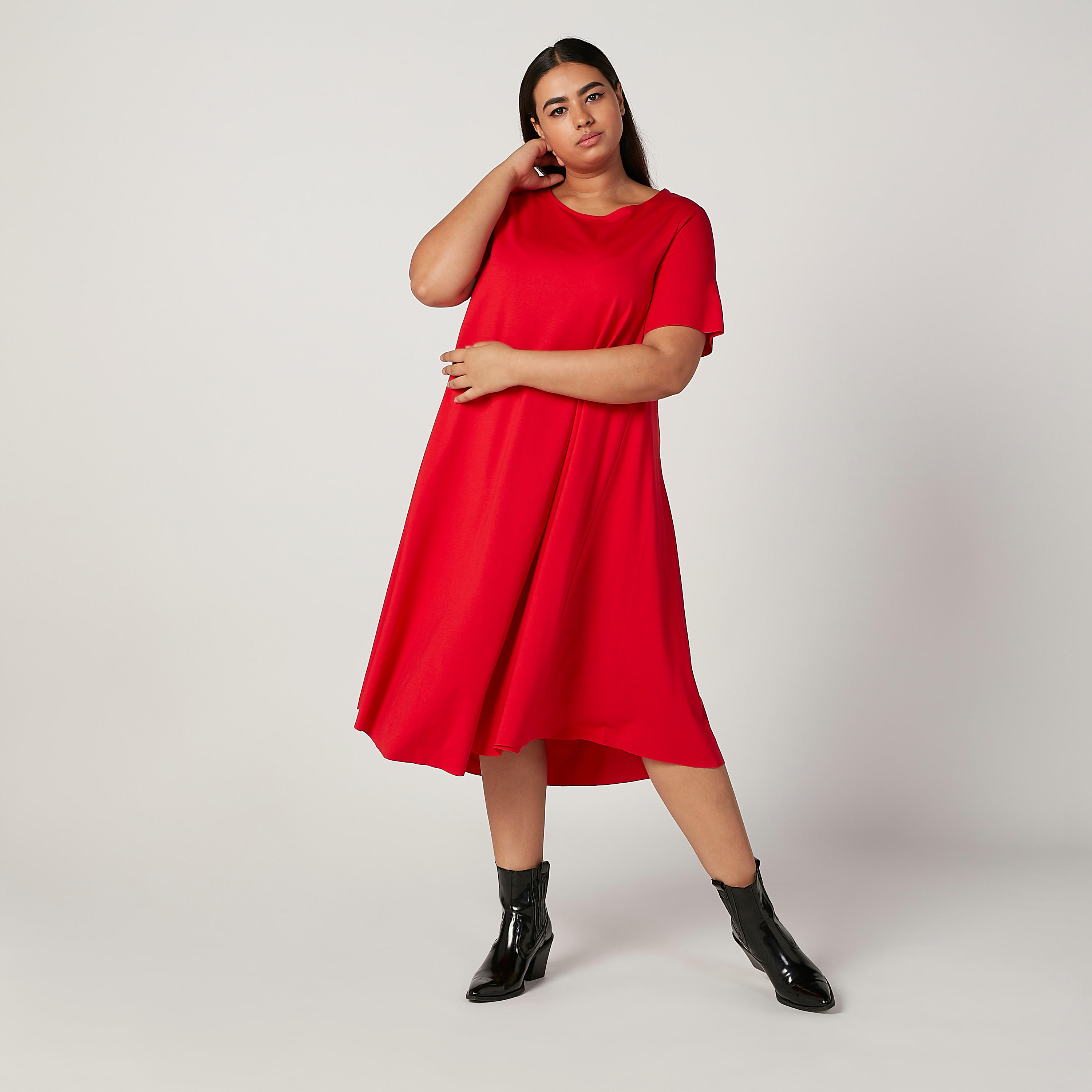 Solid Round Neck A-line Midi Dress with Short Sleeves-women-clothing-dresses-image-1