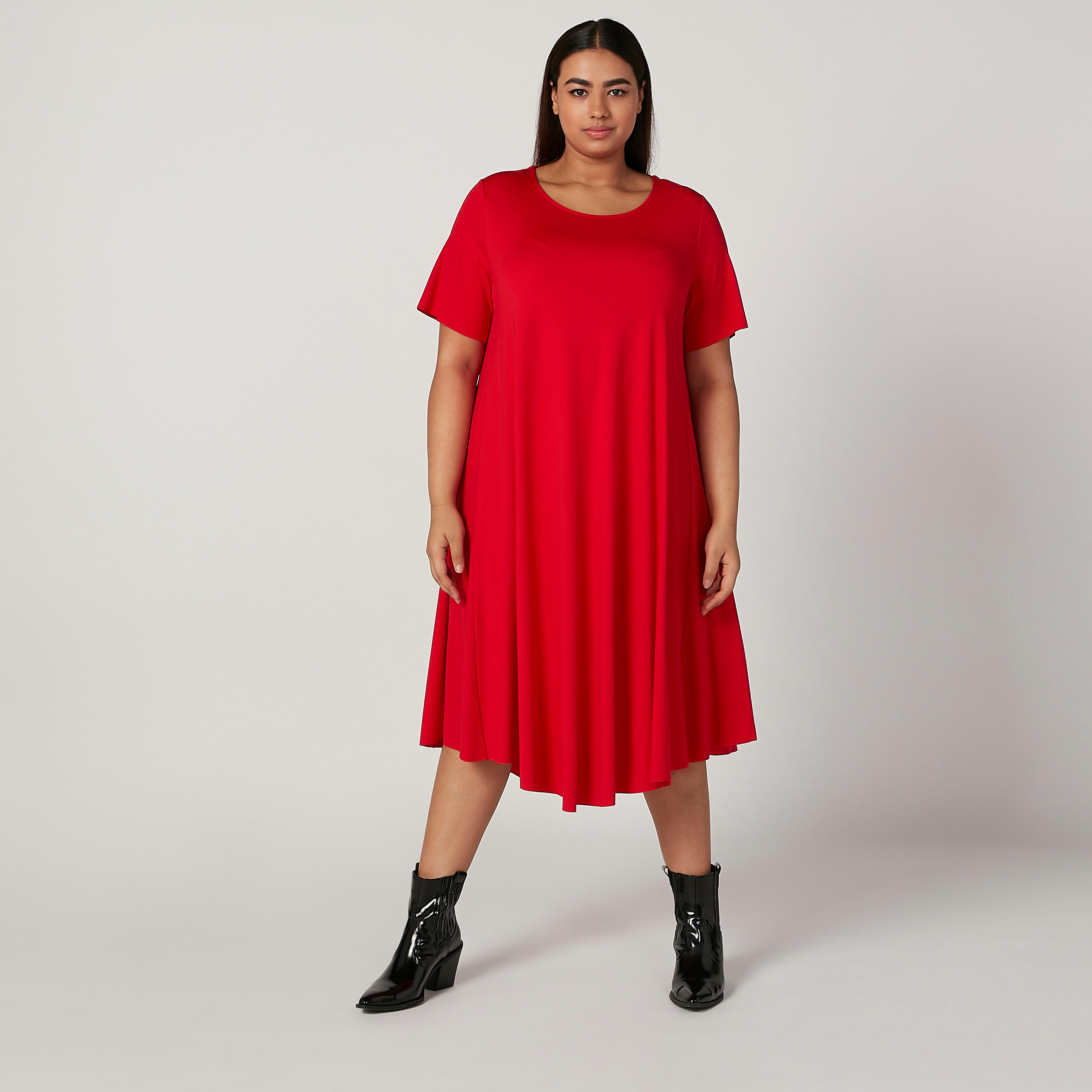Solid Round Neck A-line Midi Dress with Short Sleeves-women-clothing-dresses-image-2