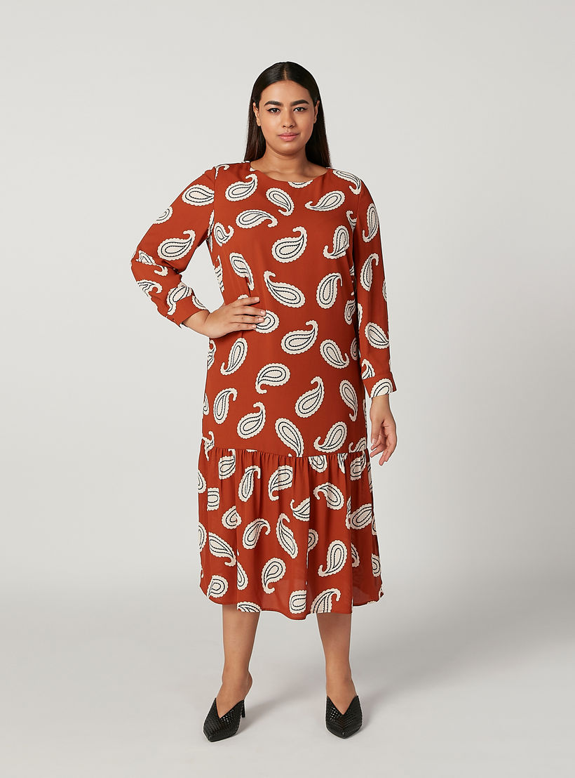 فستان ميدي إيه لاين بياقة مستديرة وأكمام طويلة وطبعات بيزلي-women-clothing-dresses-image-1
