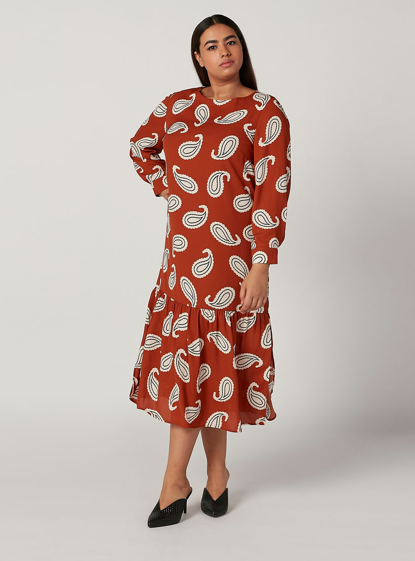 فستان ميدي إيه لاين بياقة مستديرة وأكمام طويلة وطبعات بيزلي-women-clothing-dresses-image-2
