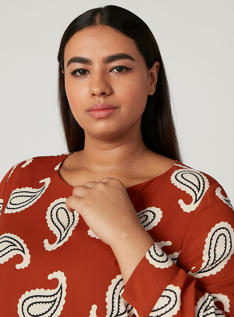 فستان ميدي إيه لاين بياقة مستديرة وأكمام طويلة وطبعات بيزلي-women-clothing-dresses-image-3