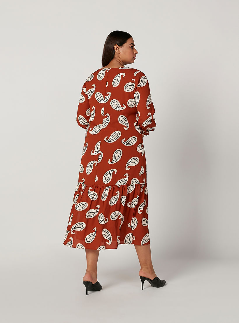 فستان ميدي إيه لاين بياقة مستديرة وأكمام طويلة وطبعات بيزلي-women-clothing-dresses-image-4