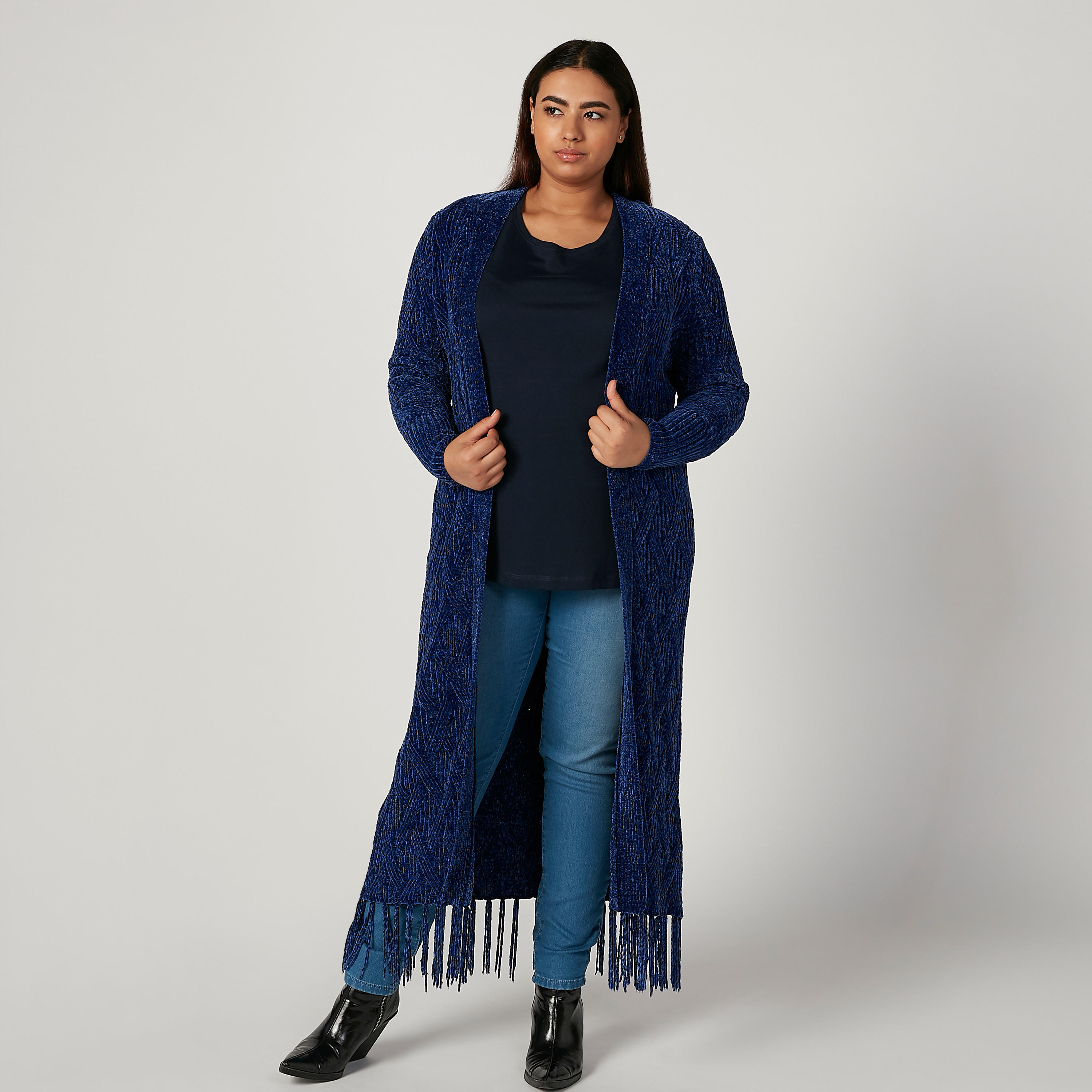 كارديجان طويل بارز الملمس بأكمام طويلة وشراشيب-women-winterwear-cardigansandjumpers-cardigans-image-1