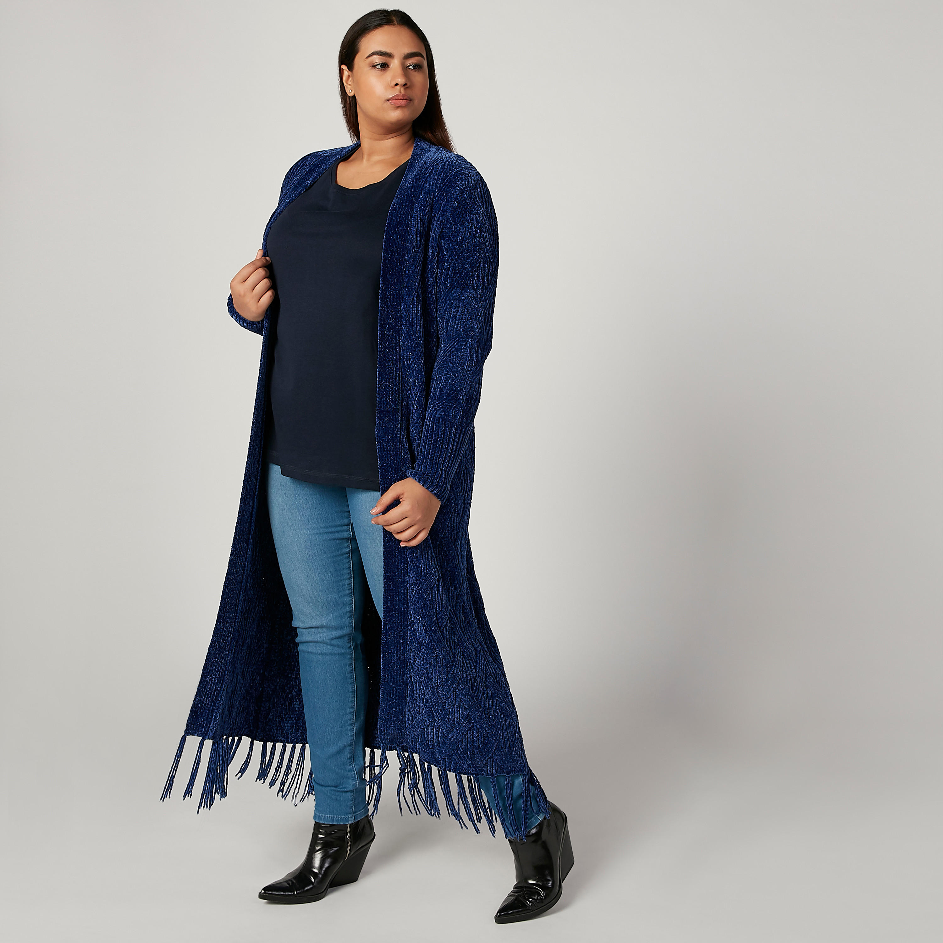 كارديجان طويل بارز الملمس بأكمام طويلة وشراشيب-women-winterwear-cardigansandjumpers-cardigans-image-2